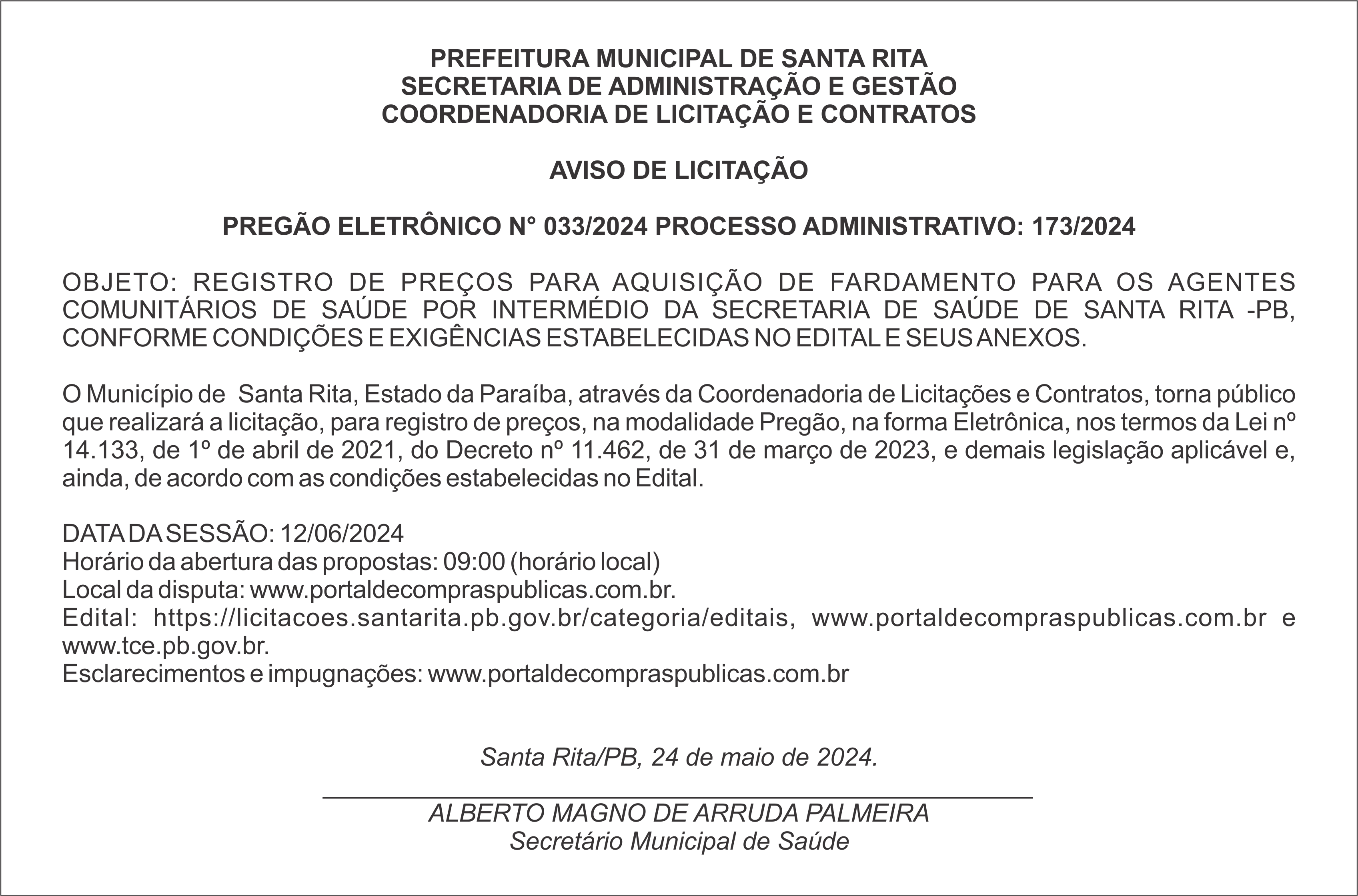 PREFEITURA MUNICIPAL DE SANTA RITA – AVISO DE LICITAÇÃO – PREGÃO ELETRÔNICO N° 033/2024