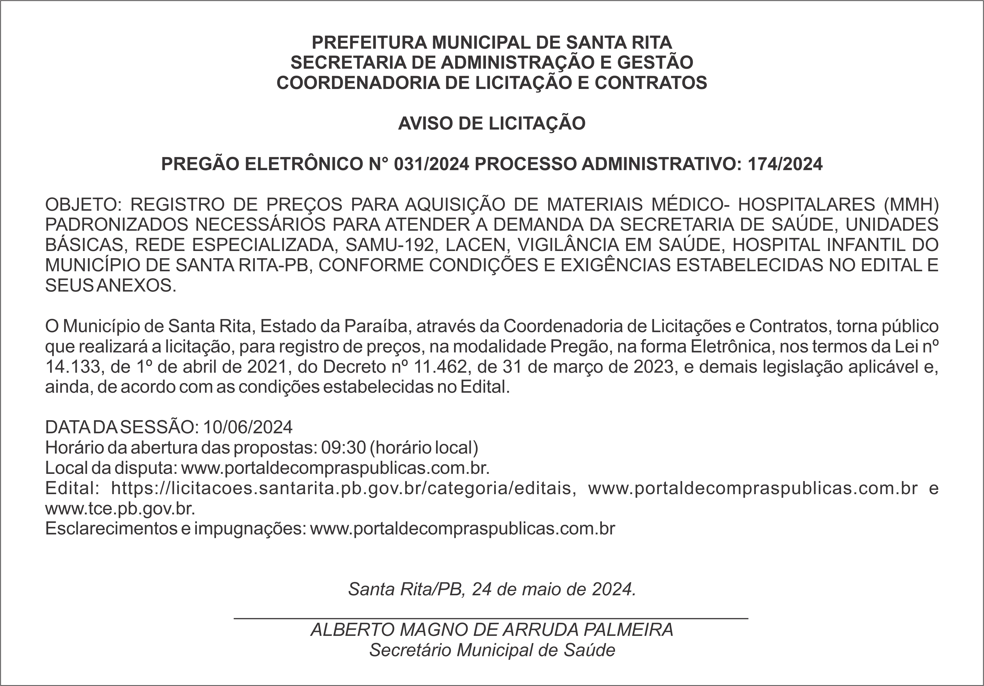PREFEITURA MUNICIPAL DE SANTA RITA – AVISO DE LICITAÇÃO – PREGÃO ELETRÔNICO N° 031/2024