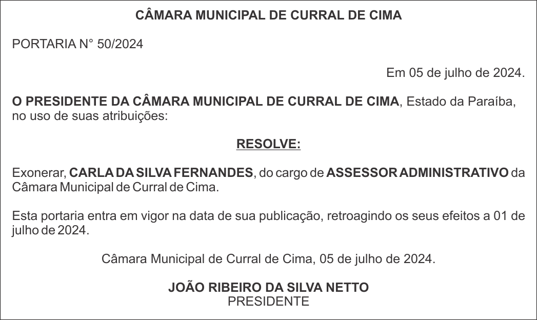 CÂMARA MUNICIPAL DE CURRAL DE CIMA – EXONERAÇÃO