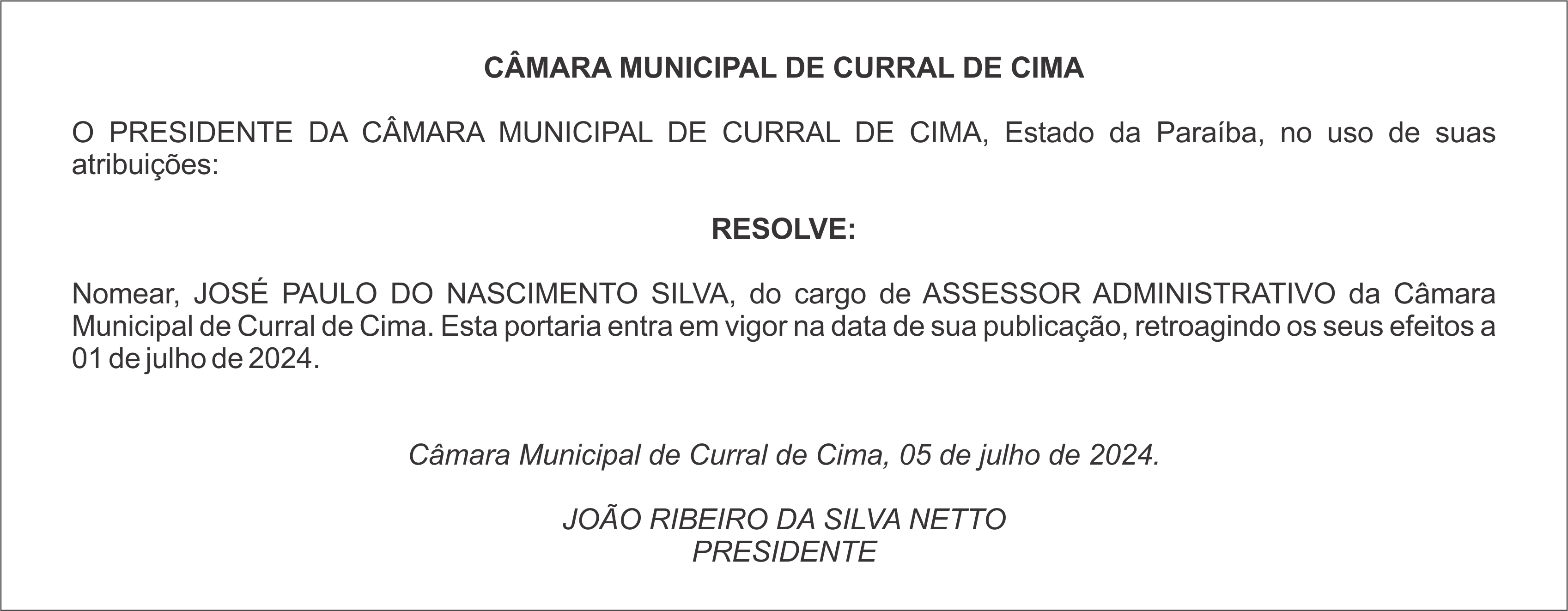 CÂMARA MUNICIPAL DE CURRAL DE CIMA – NOMEAÇÃO