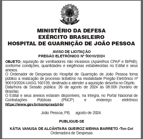 EXÉRCITO BRASILEIRO – HOSPITAL DE GUARNIÇÃO DE JOÃO PESSOA – AVISO DE LICITAÇÃO – PREGÃO ELETRÔNICO Nº 90010/2024