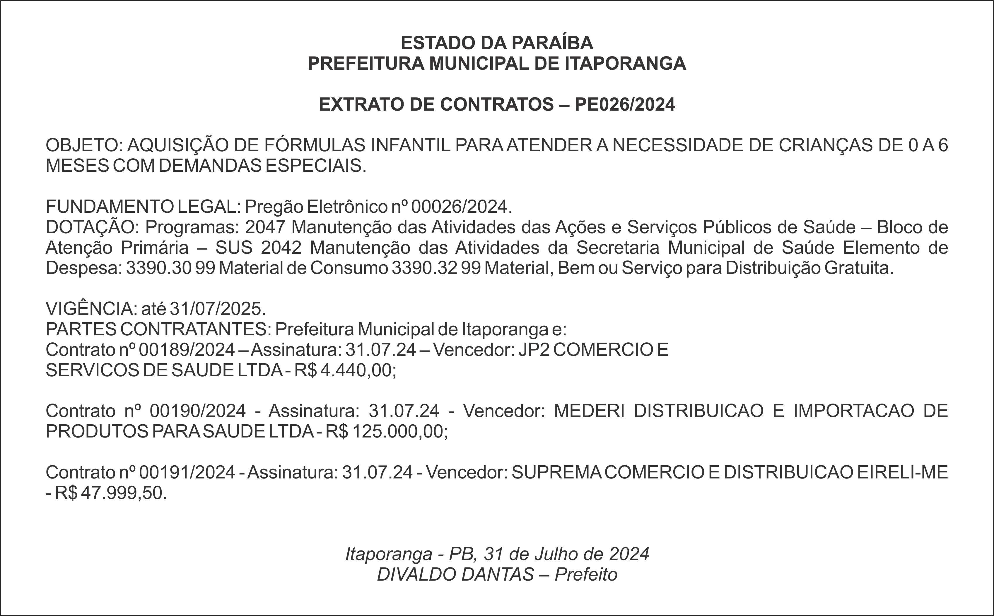PREFEITURA MUNICIPAL DE ITAPORANGA – EXTRATO DE CONTRATOS – PE 0026/2024