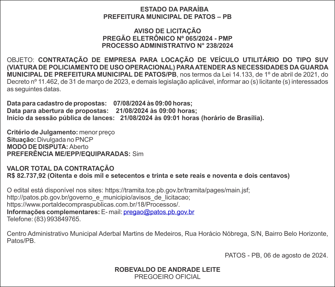 PREFEITURA MUNICIPAL DE PATOS – PB – AVISO DE LICITAÇÃO – PREGÃO ELETRÔNICO Nº 065/2024