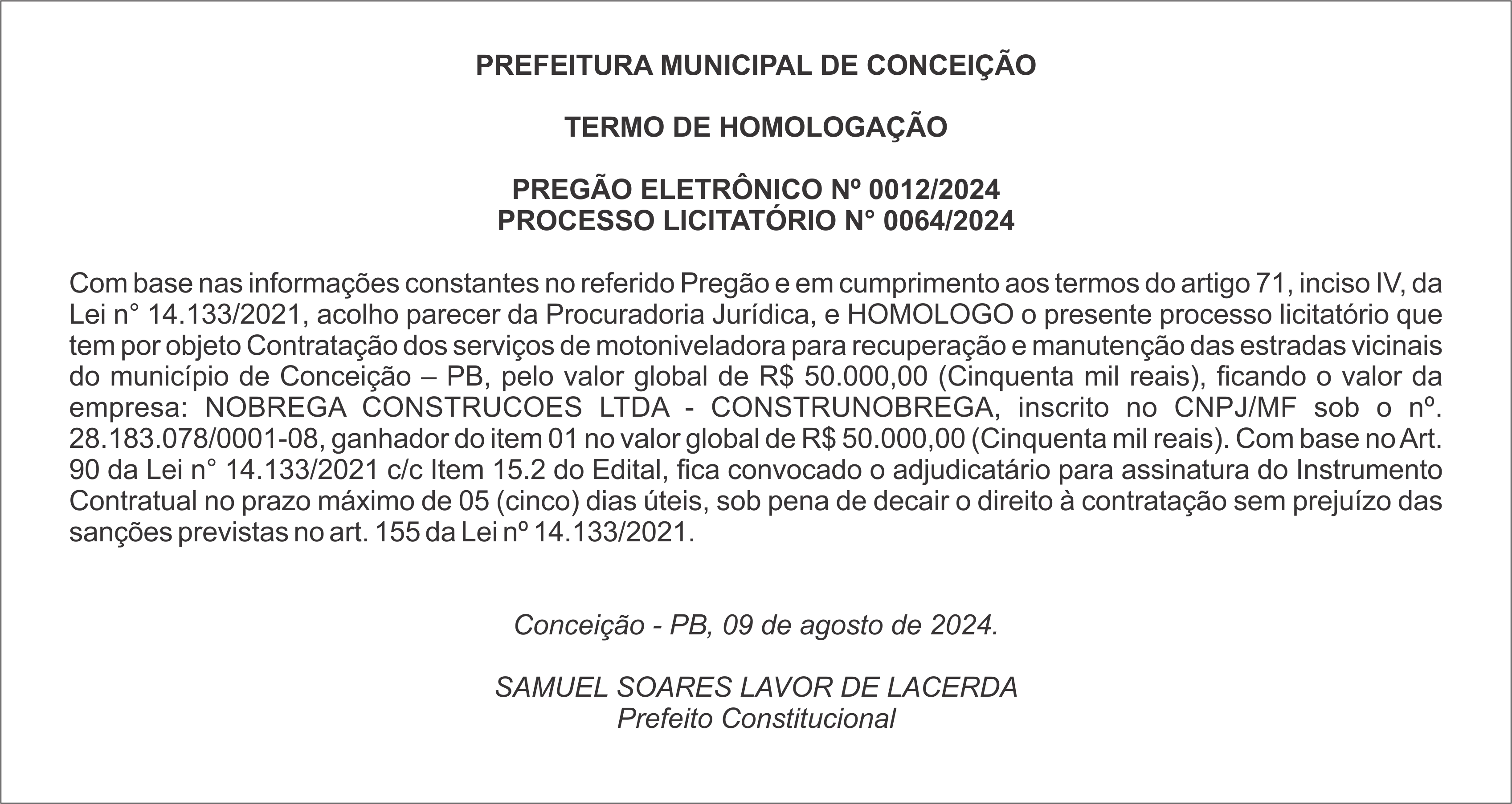 PREFEITURA MUNICIPAL DE CONCEIÇÃO – TERMO DE HOMOLOGAÇÃO – PREGÃO ELETRÔNICO Nº 0012/2024