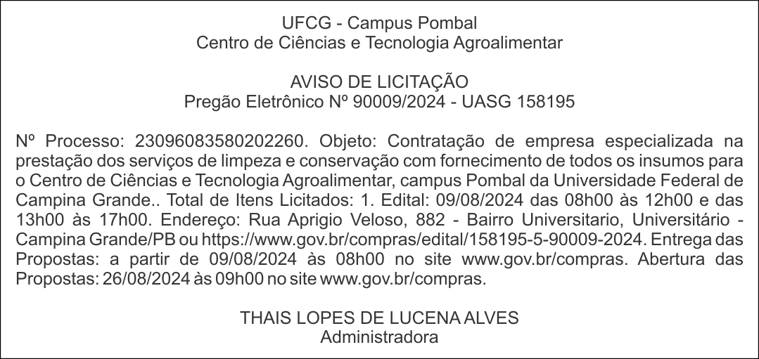 UFCG – Campus Pombal – Centro de Ciências e Tecnologia Agroalimentar  – AVISO DE LICITAÇÃO – Pregão Eletrônico Nº 90009/2024