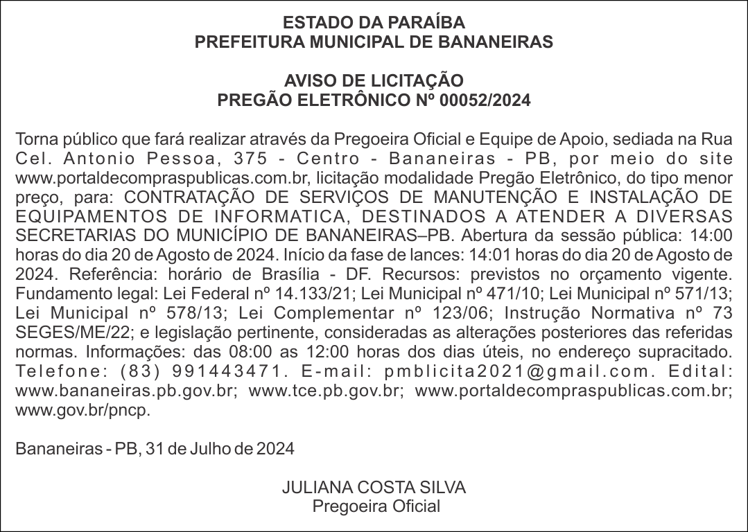 PREFEITURA MUNICIPAL DE BANANEIRAS – AVISO DE LICITAÇÃO – PREGÃO ELETRÔNICO Nº 00052/2024