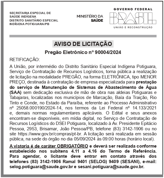 DSEI – PB – POTIGUARA – AVISO DE LICITAÇÃO PREGÃO ELETRÔNICO Nº 90004/2024