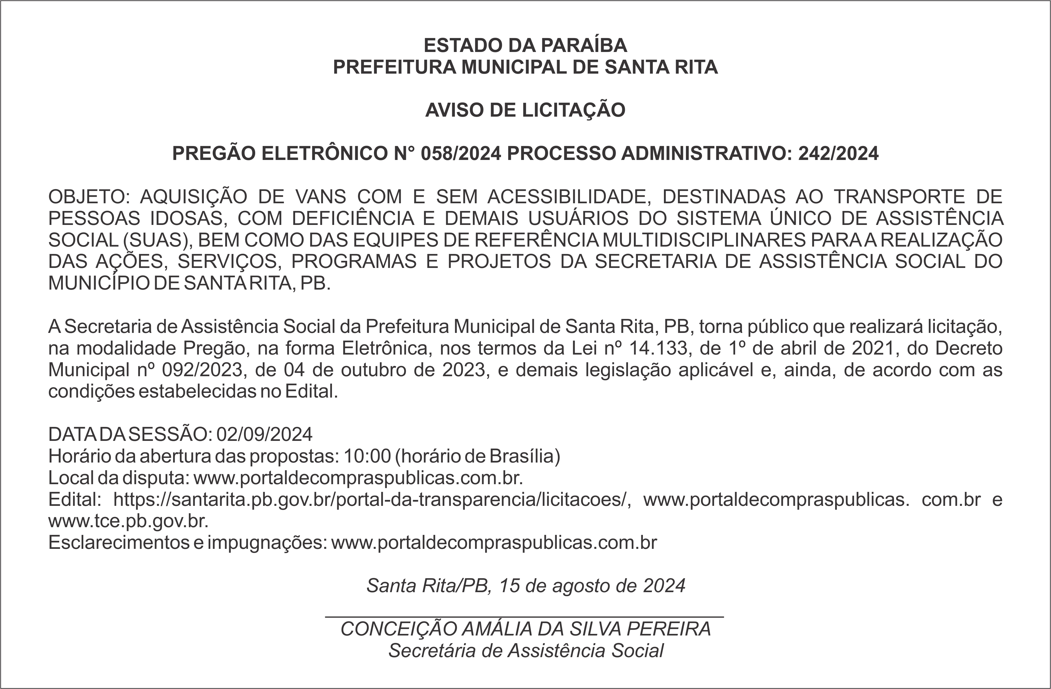PREFEITURA MUNICIPAL DE SANTA RITA – AVISO DE LICITAÇÃO – PREGÃO ELETRÔNICO N° 058/2024