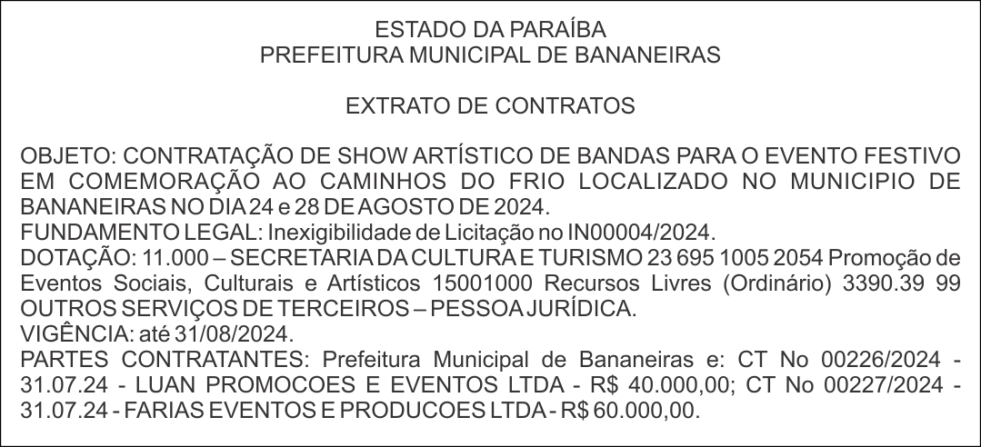 PREFEITURA MUNICIPAL DE BANANEIRAS – EXTRATO DE CONTRATOS