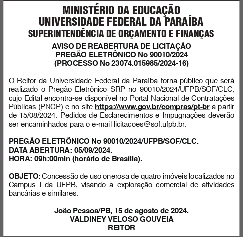 UNIVERSIDADE FEDERAL DA PARAIBA – PREGÃO ELETRÔNICO Nº 90010/2024