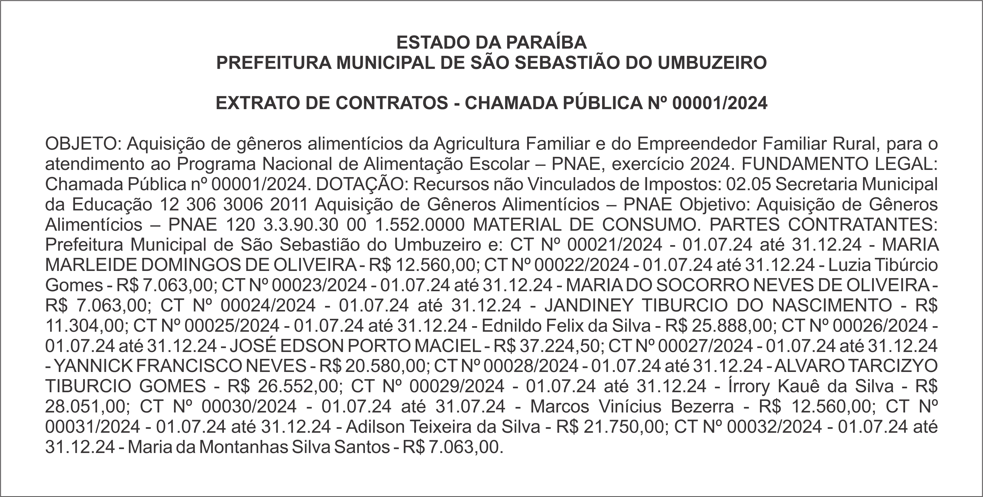PREFEITURA MUNICIPAL DE SÃO SEBASTIÃO DO UMBUZEIRO – EXTRATO DE CONTRATOS – CHAMADA PÚBLICA Nº 00001/2024