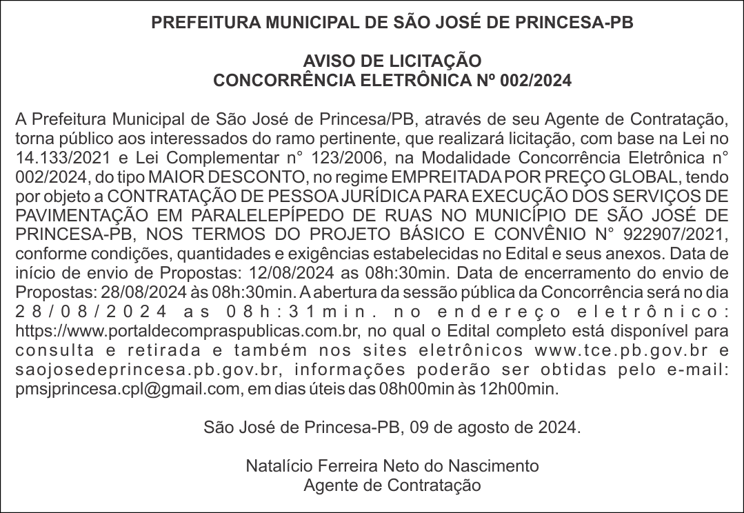 PREFEITURA MUNICIPAL DE SÃO JOSÉ DE PRINCESA-PB – AVISO DE LICITAÇÃO – CONCORRÊNCIA ELETRÔNICA Nº 002/2024