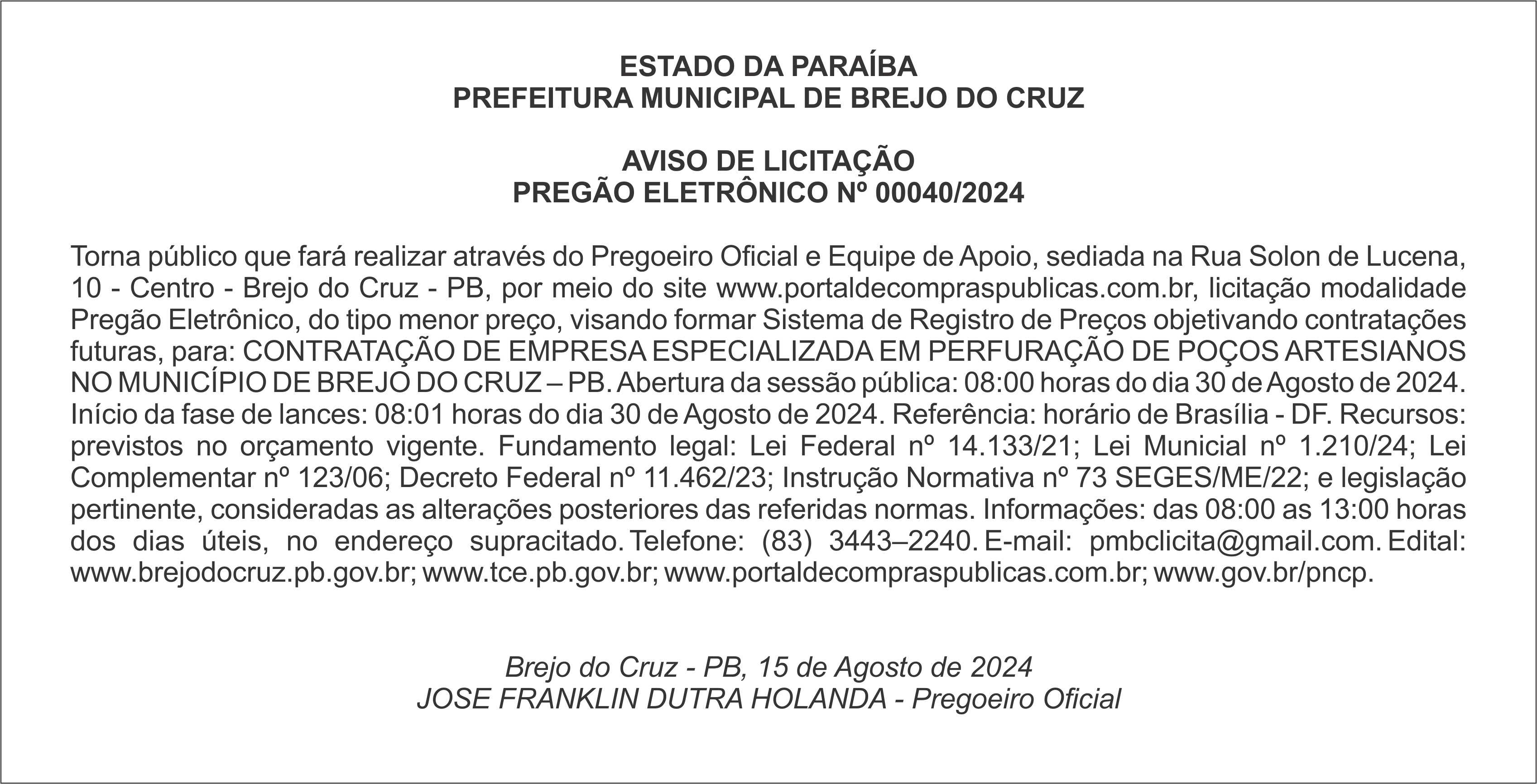PREFEITURA MUNICIPAL DE BREJO DO CRUZ – AVISO DE LICITAÇÃO – PREGÃO ELETRÔNICO Nº 00040/2024