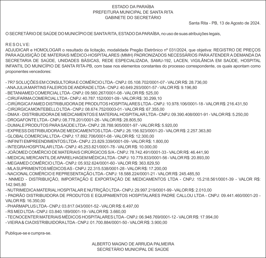 PREFEITURA MUNICIPAL DE SANTA RITA – ADJUDICAÇÃO E HOMOLOGAÇÃO – PREGÃO ELETRÔNICO Nº 031/2024