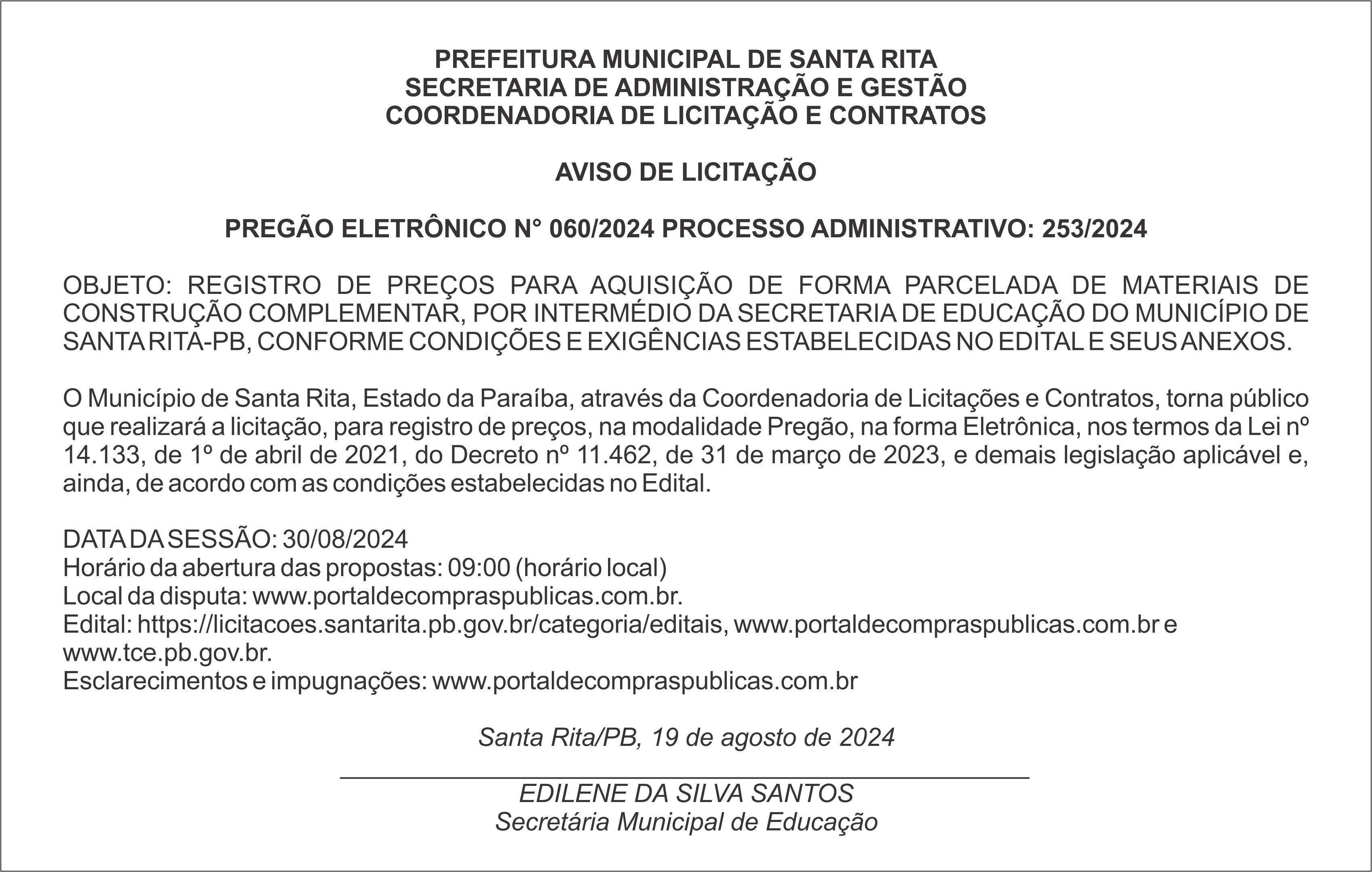 PREFEITURA MUNICIPAL DE SANTA RITA – AVISO DE LICITAÇÃO – PREGÃO ELETRÔNICO N° 060/2024