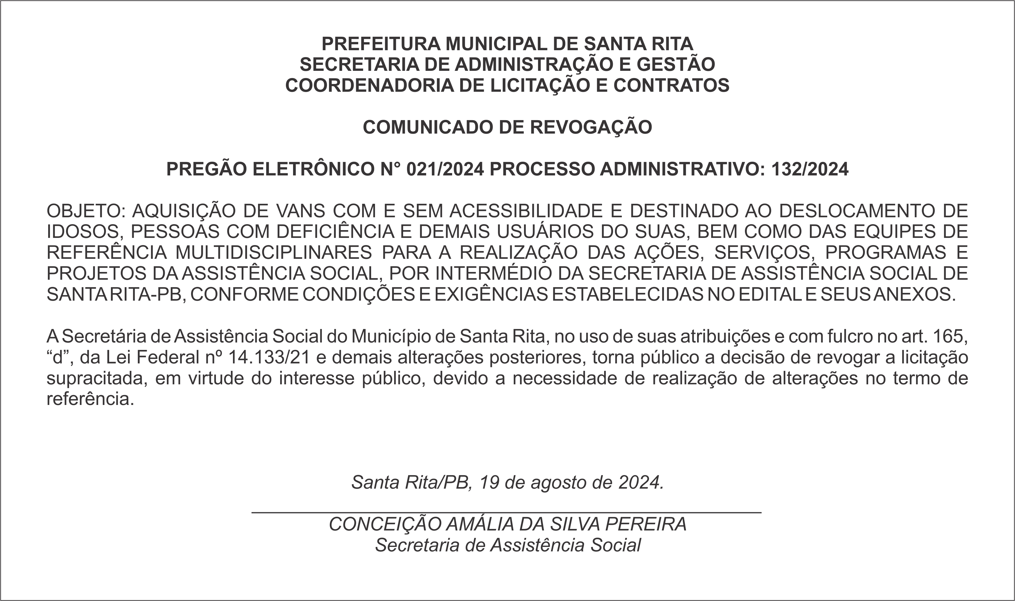 PREFEITURA MUNICIPAL DE SANTA RITA – COMUNICADO DE REVOGAÇÃO – PREGÃO ELETRÔNICO N° 021/2024