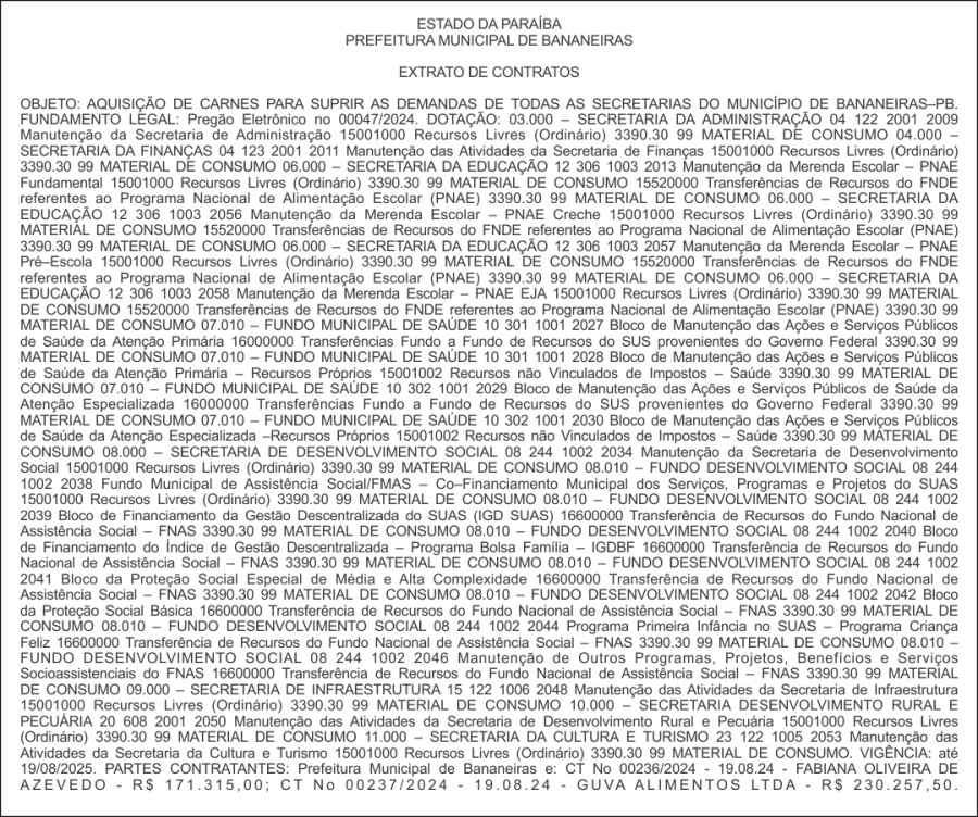 PREFEITURA MUNICIPAL DE BANANEIRAS – EXTRATO DE CONTRATOS