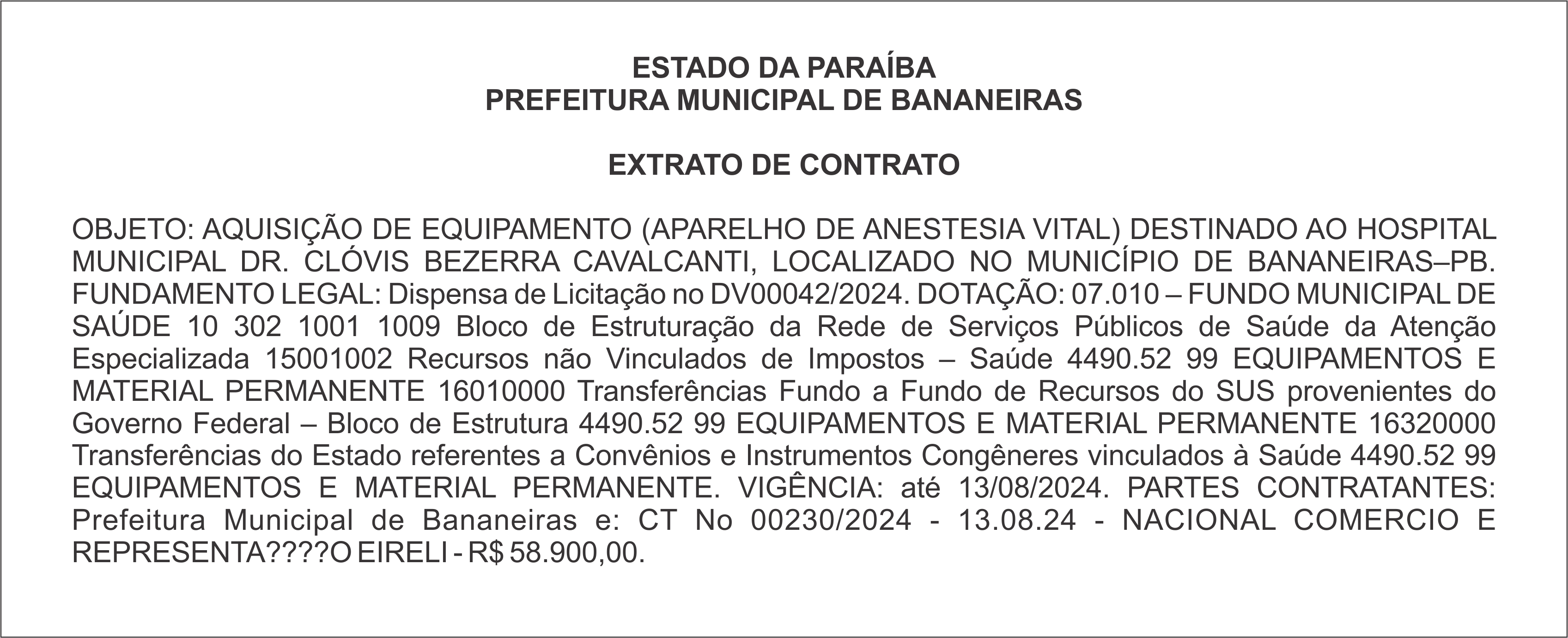 PREFEITURA MUNICIPAL DE BANANEIRAS – EXTRATO DE CONTRATO