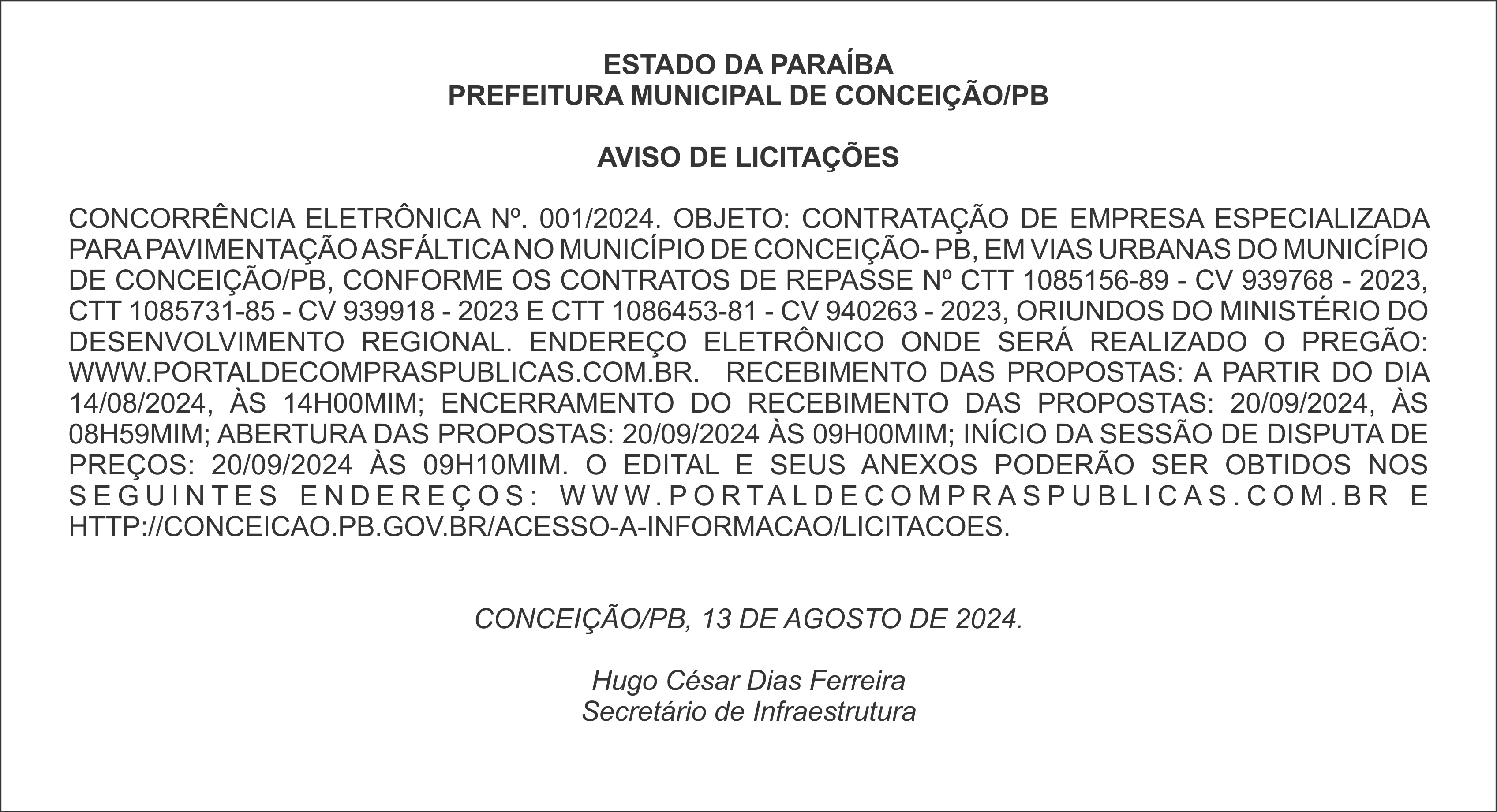 PREFEITURA MUNICIPAL DE CONCEIÇÃO/PB – AVISO DE LICITAÇÕES – CONCORRÊNCIA ELETRÔNICA Nº. 001/2024.