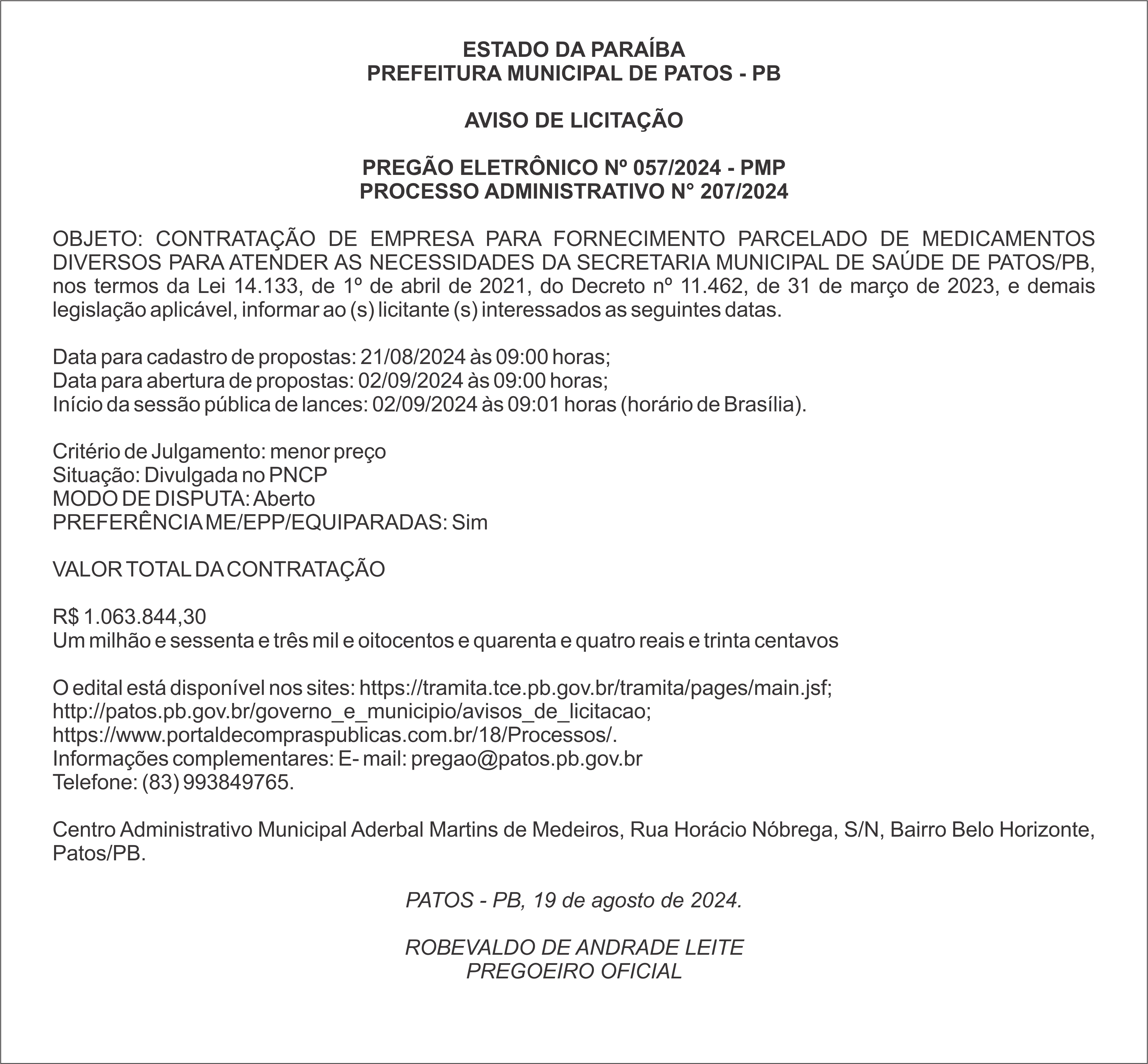 PREFEITURA MUNICIPAL DE PATOS – PB – AVISO DE LICITAÇÃO – PREGÃO ELETRÔNICO Nº 057/2024