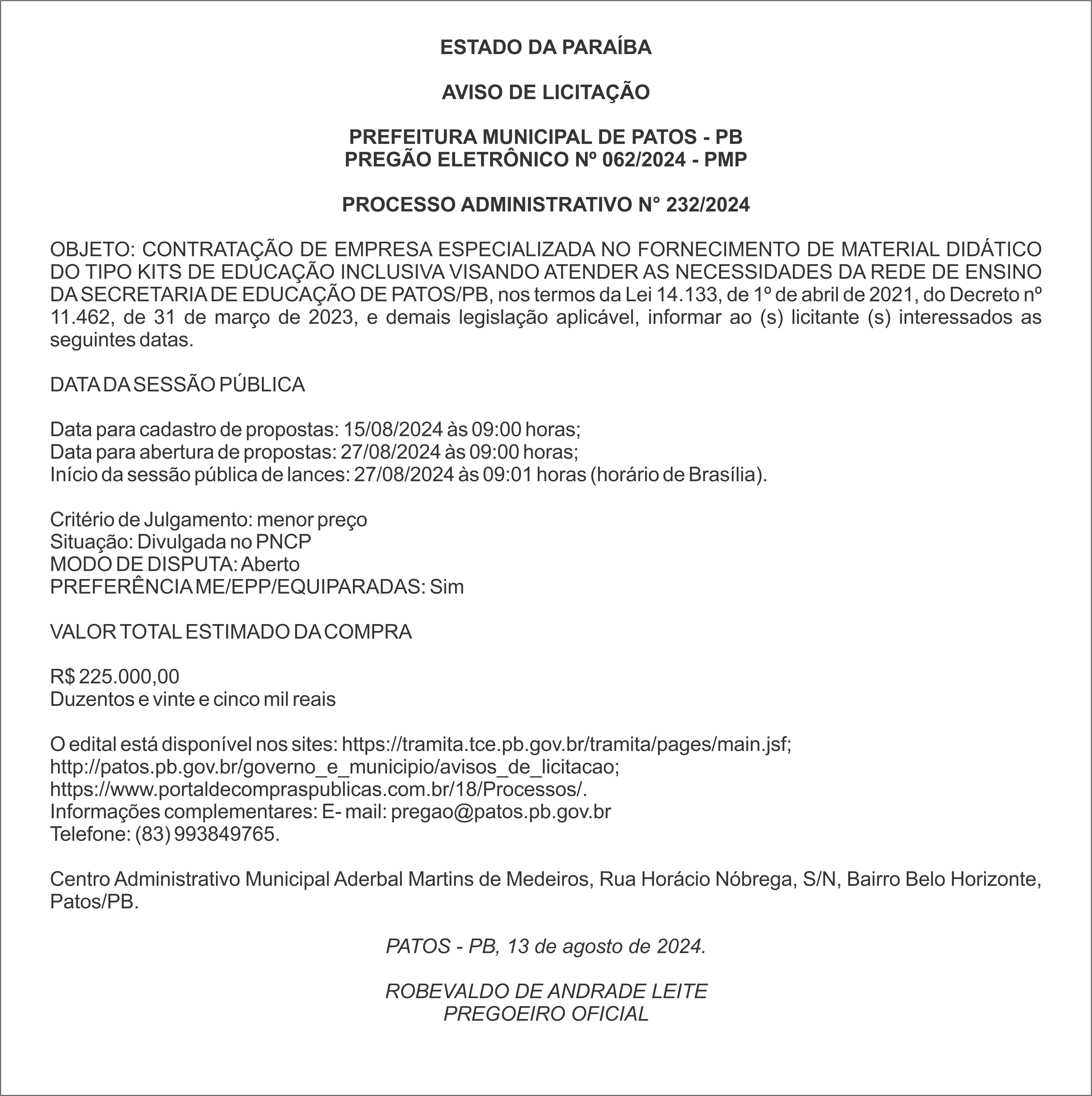 PREFEITURA MUNICIPAL DE PATOS – PB – PREGÃO ELETRÔNICO Nº 062/2024 – PMP