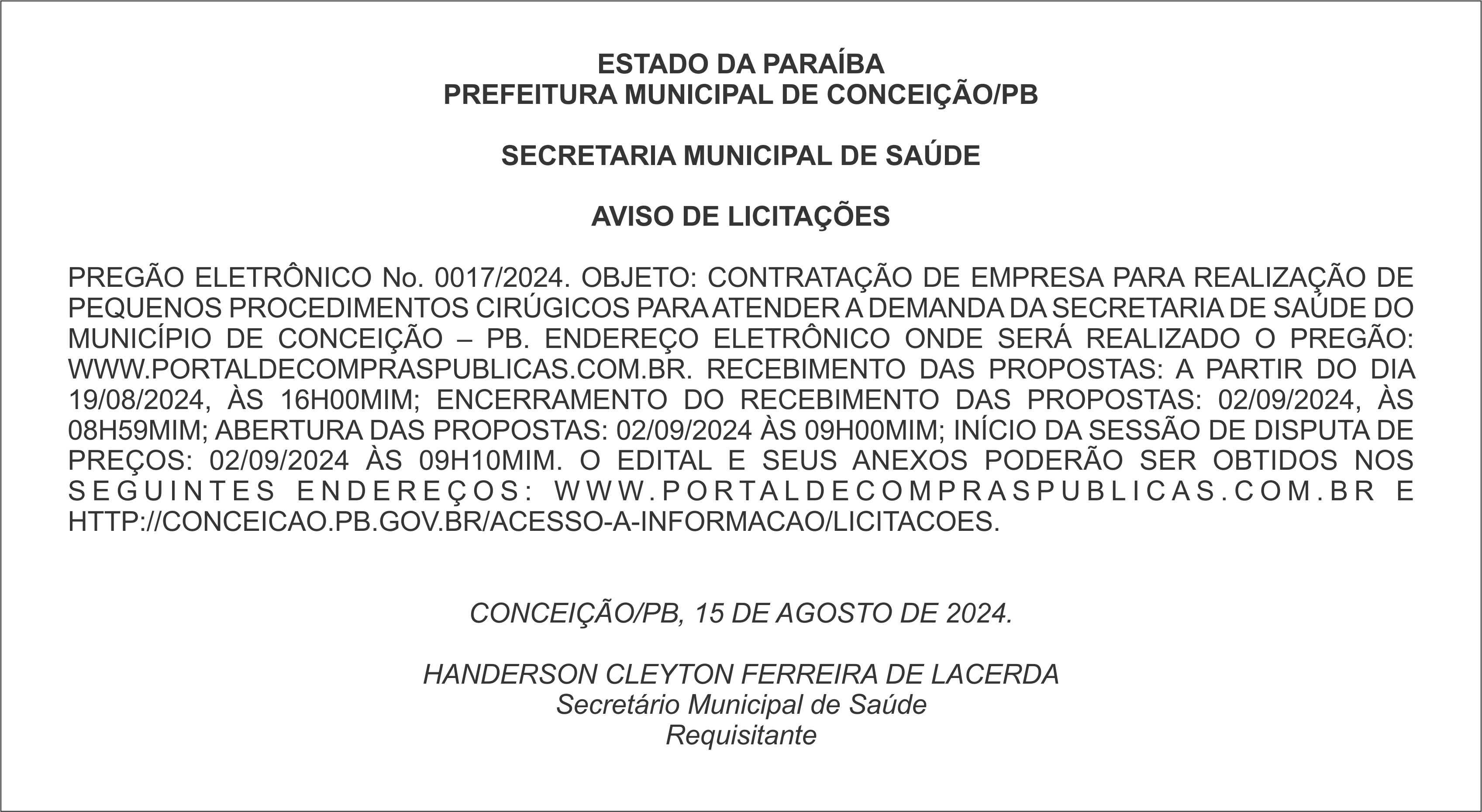 PREFEITURA MUNICIPAL DE CONCEIÇÃO/PB – AVISO DE LICITAÇÕES – PREGÃO ELETRÔNICO No. 0017/2024