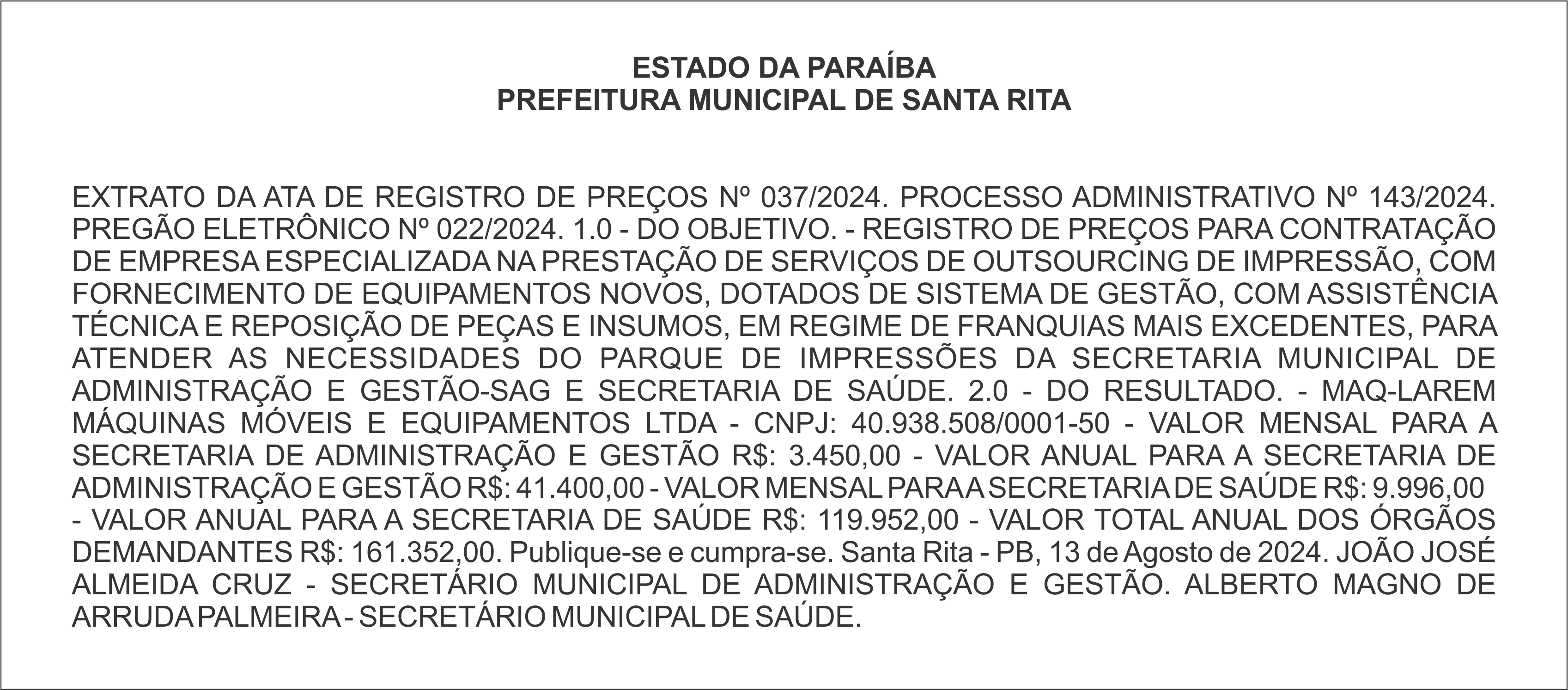 PREFEITURA MUNICIPAL DE SANTA RITA – EXTRATO DA ATA DE REGISTRO DE PREÇOS Nº 037/2024.