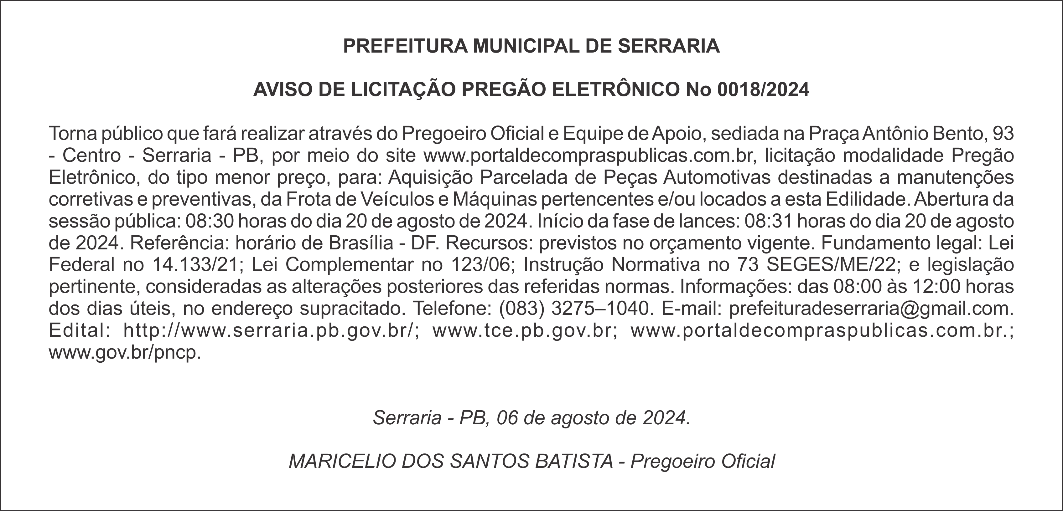 PREFEITURA MUNICIPAL DE SERRARIA – AVISO DE LICITAÇÃO – PREGÃO ELETRÔNICO Nº 0018/2024