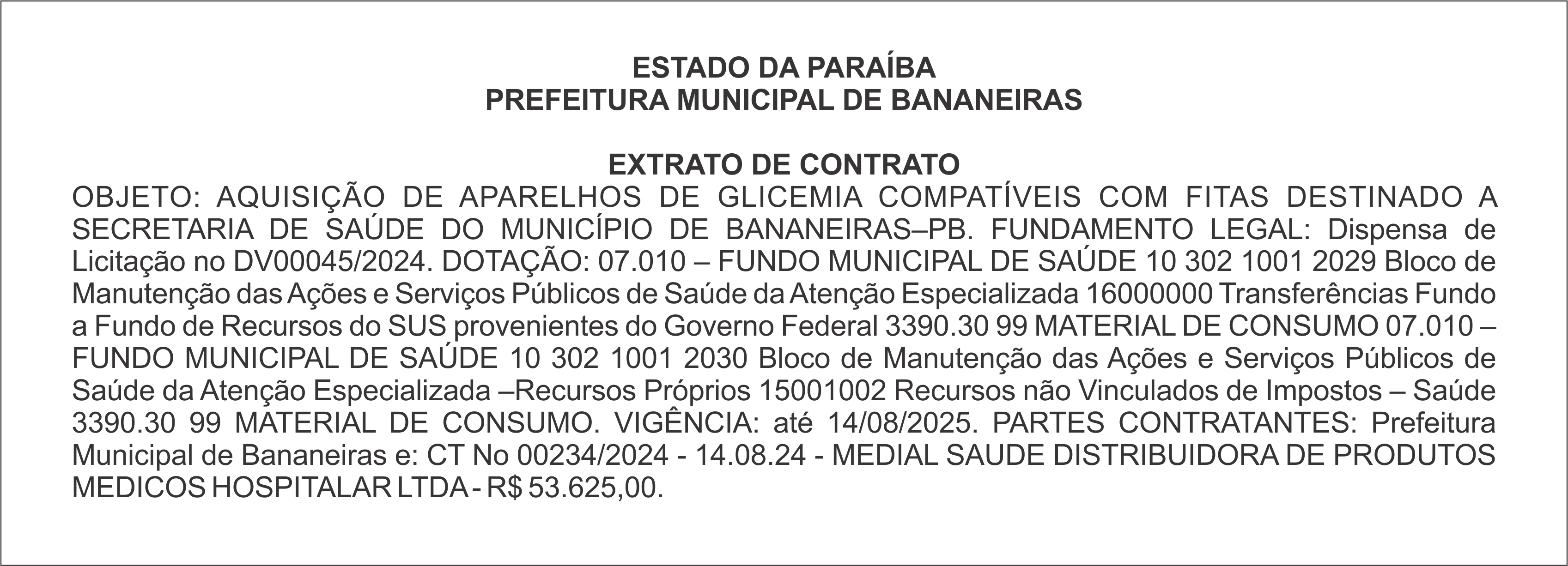 PREFEITURA MUNICIPAL DE BANANEIRAS – EXTRATO DE CONTRATO