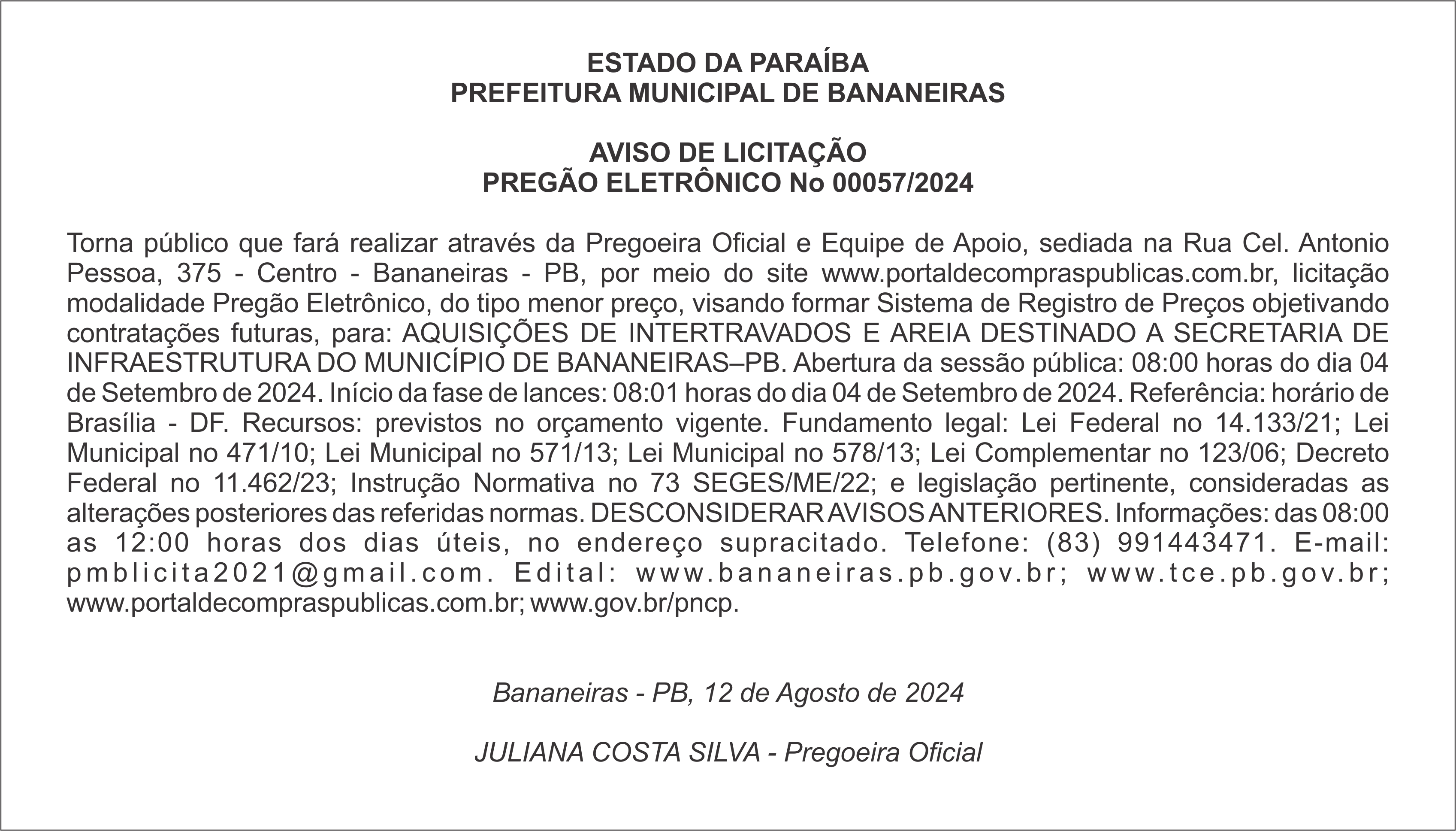 PREFEITURA MUNICIPAL DE BANANEIRAS – AVISO DE LICITAÇÃO – PREGÃO ELETRÔNICO Nº 00057/2024