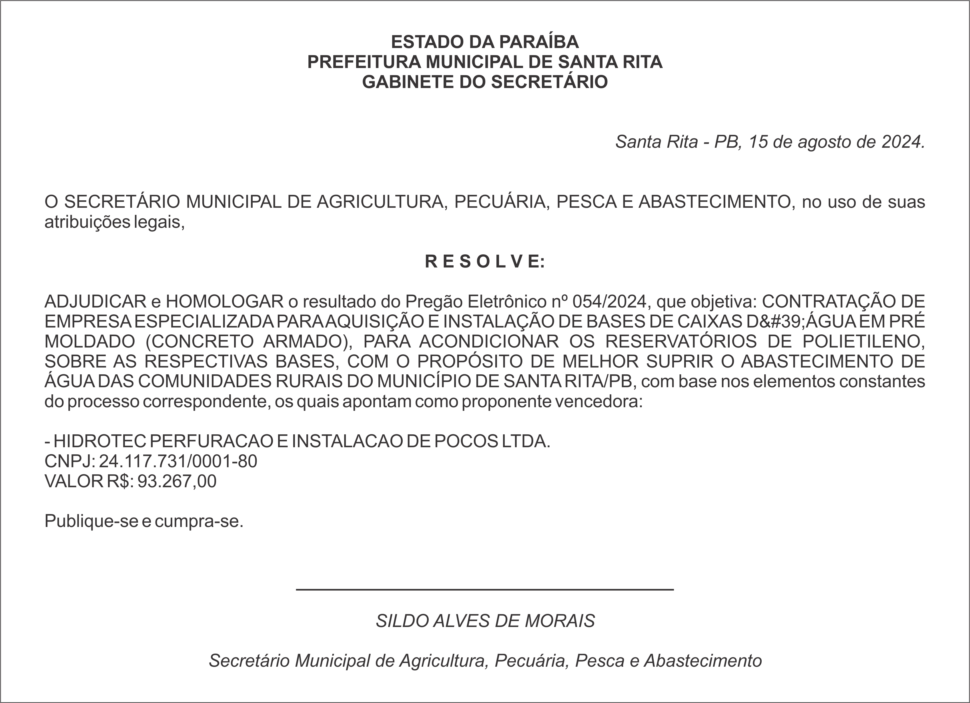 PREFEITURA MUNICIPAL DE SANTA RITA – ADJUDICAÇÃO E HOMOLOGAÇÃO – Pregão Eletrônico nº 054/2024