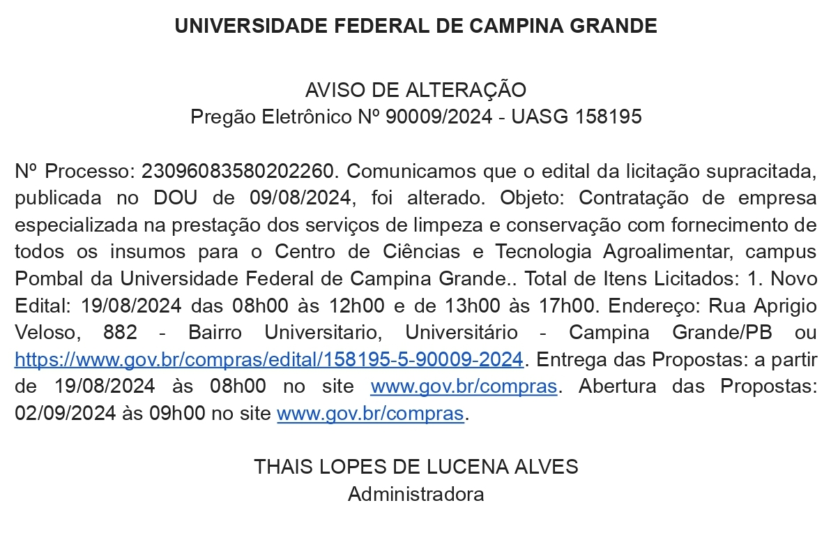 UNIVERSIDADE FEDERAL DE CAMPINA GRANDE – AVISO DE ALTERAÇÃO – Pregão Eletrônico Nº 90009/2024 – UASG 158195
