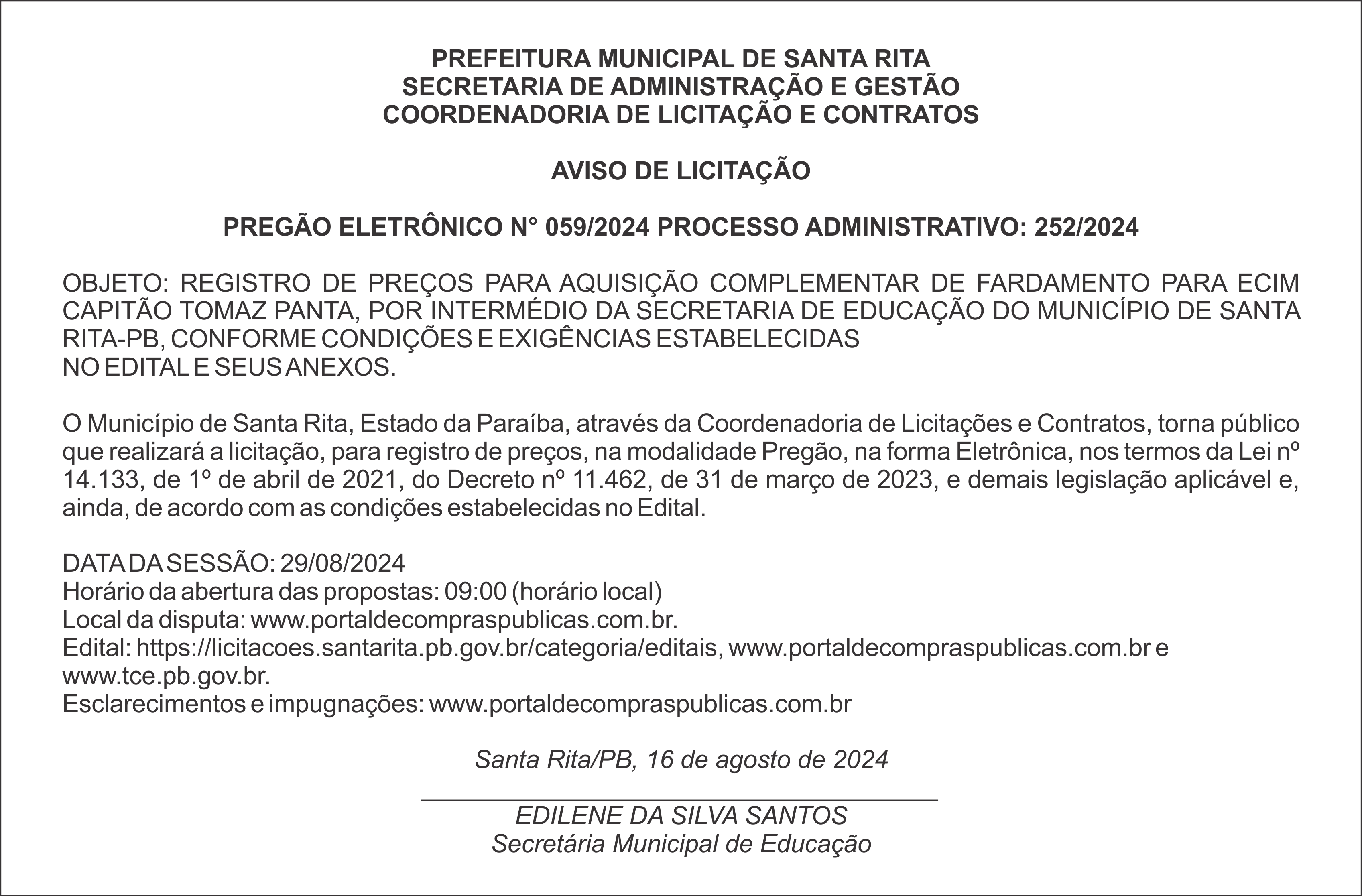 PREFEITURA MUNICIPAL DE SANTA RITA – AVISO DE LICITAÇÃO – PREGÃO ELETRÔNICO N° 059/2024