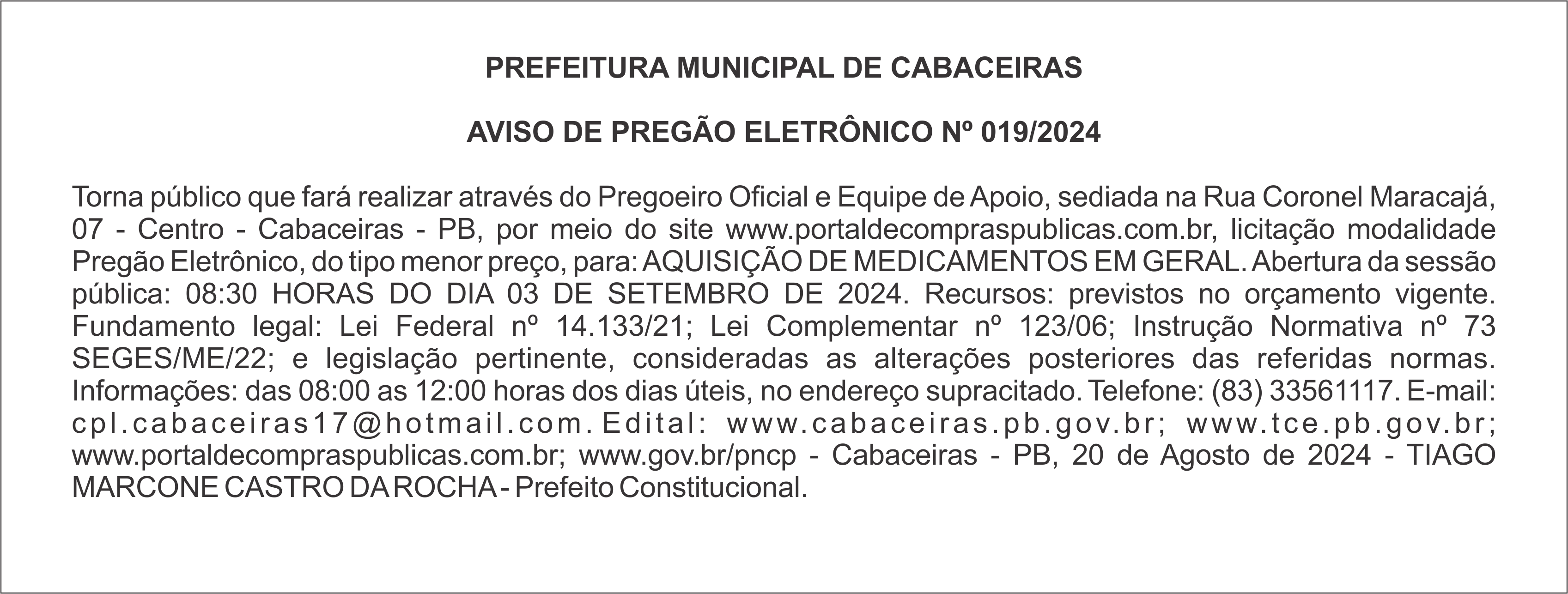 PREFEITURA MUNICIPAL DE CABACEIRAS – AVISO DE PREGÃO ELETRÔNICO Nº 019/2024