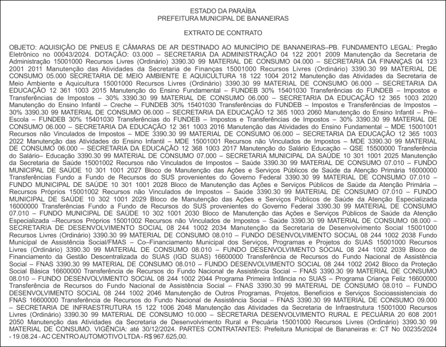 PREFEITURA MUNICIPAL DE BANANEIRAS – EXTRATO DE CONTRATO