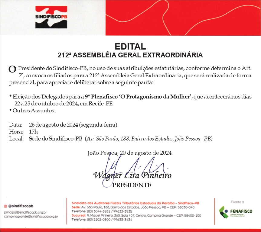 SINDIFISCO-PB – ASSEMBLEIA GERAL EXTRAORDINÁRIA
