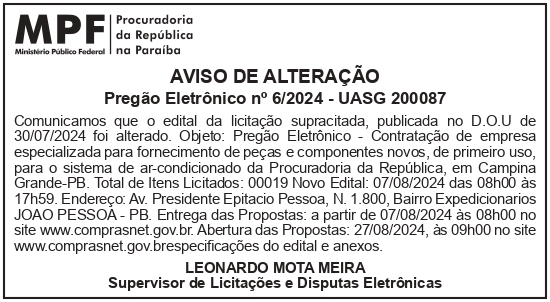 PGR/MPU – SAMPF – DF – BRASÍLIA – SEDE – AVISO DE ALTERAÇÃO PREGÃO ELETRÔNICO No 6/2024 – UASG 200087