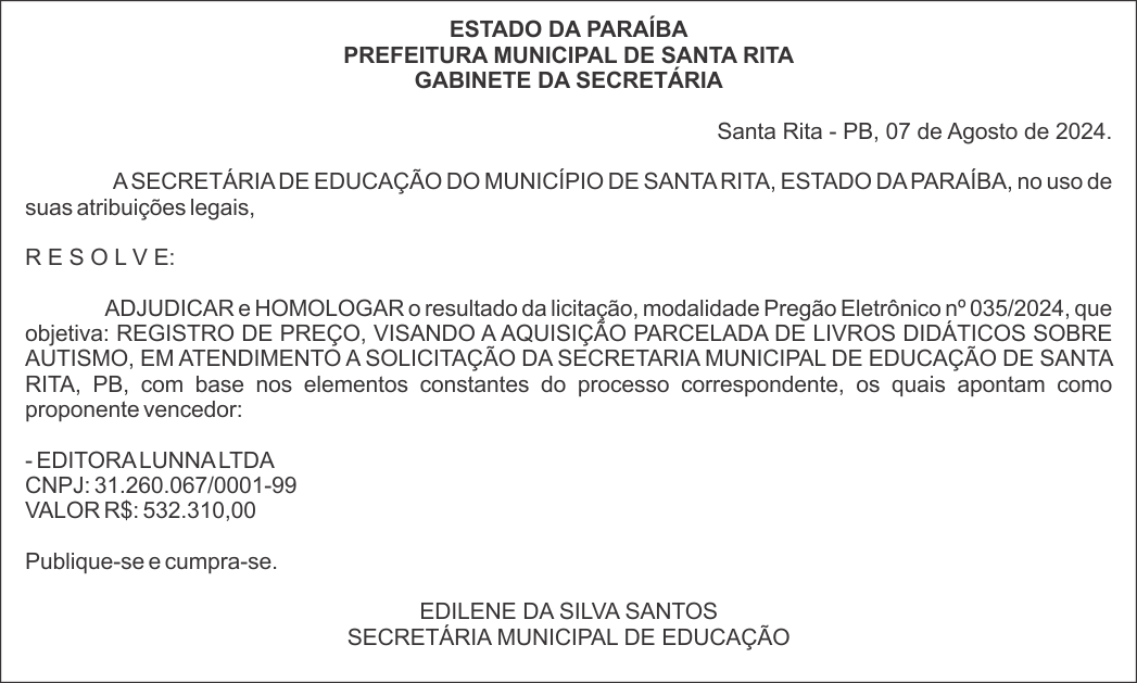 PREFEITURA MUNICIPAL DE SANTA RITA –  ADJUDICAÇÃO E HOMOLOGAÇÃO – Pregão Eletrônico nº 035/2024