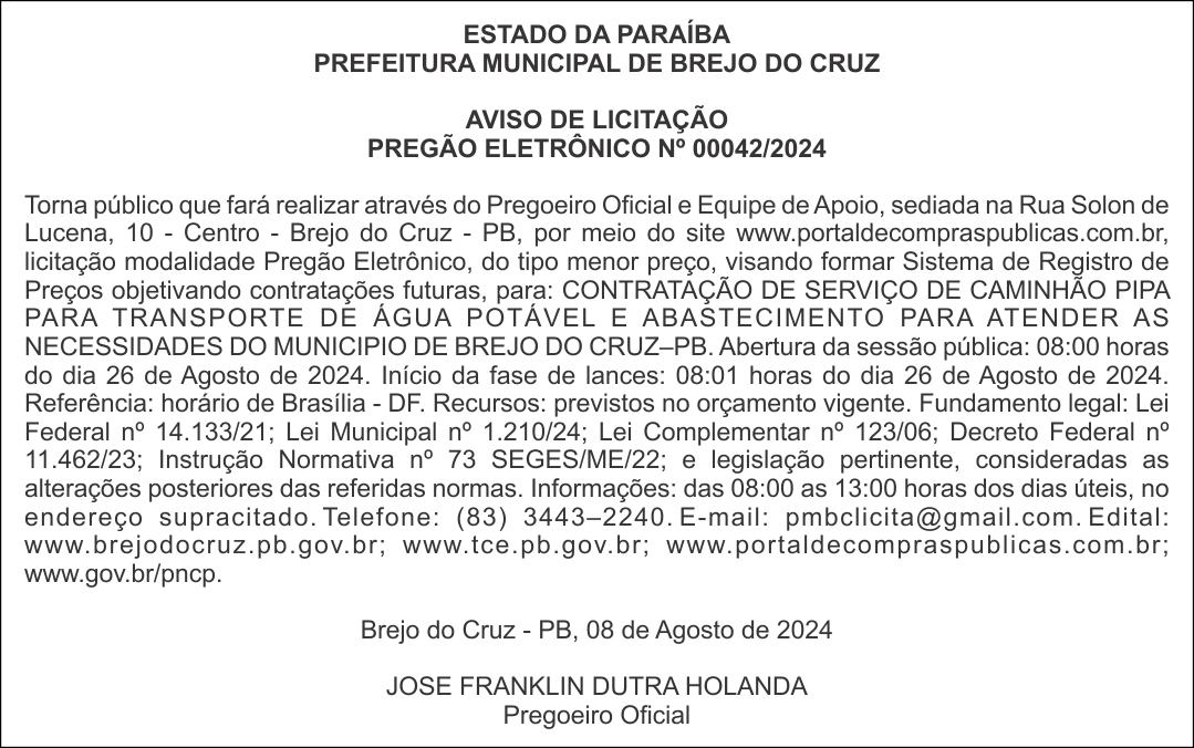 PREFEITURA MUNICIPAL DE BREJO DO CRUZ – AVISO DE LICITAÇÃO – PREGÃO ELETRÔNICO Nº 00042/2024