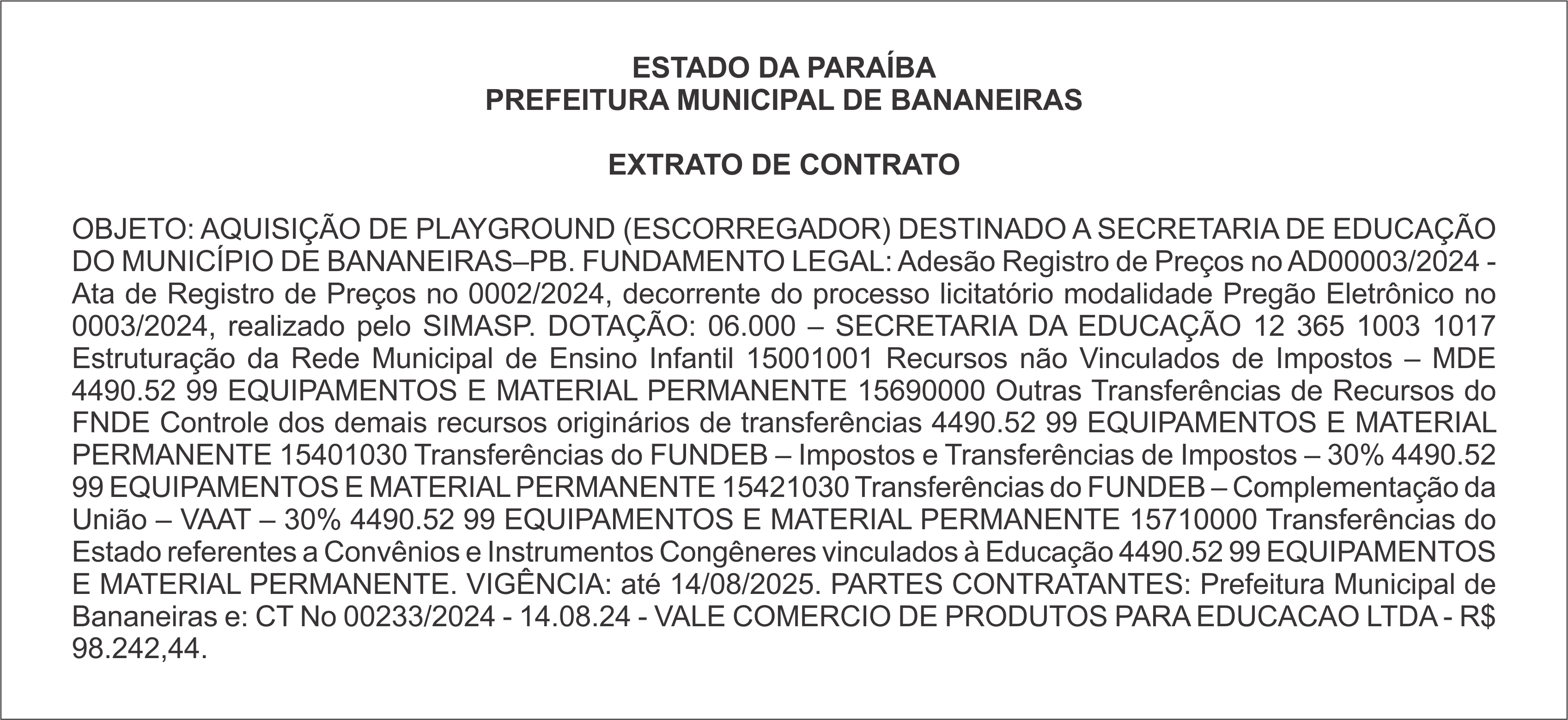 PREFEITURA MUNICIPAL DE BANANEIRAS – EXTRATO DE CONTRATO