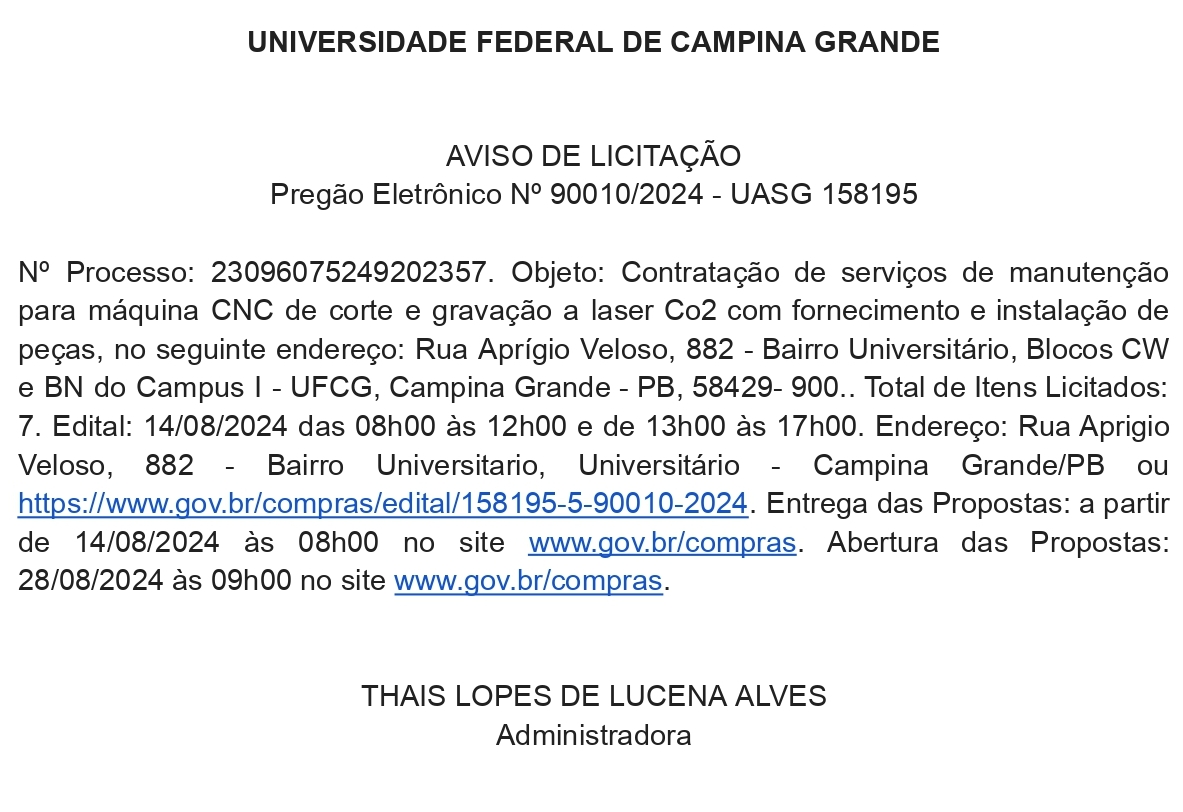 UNIVERSIDADE FEDERAL DE CAMPINA GRANDE- AVISO DE LICITAÇÃO – Pregão Eletrônico Nº 90010/2024 – UASG 158195
