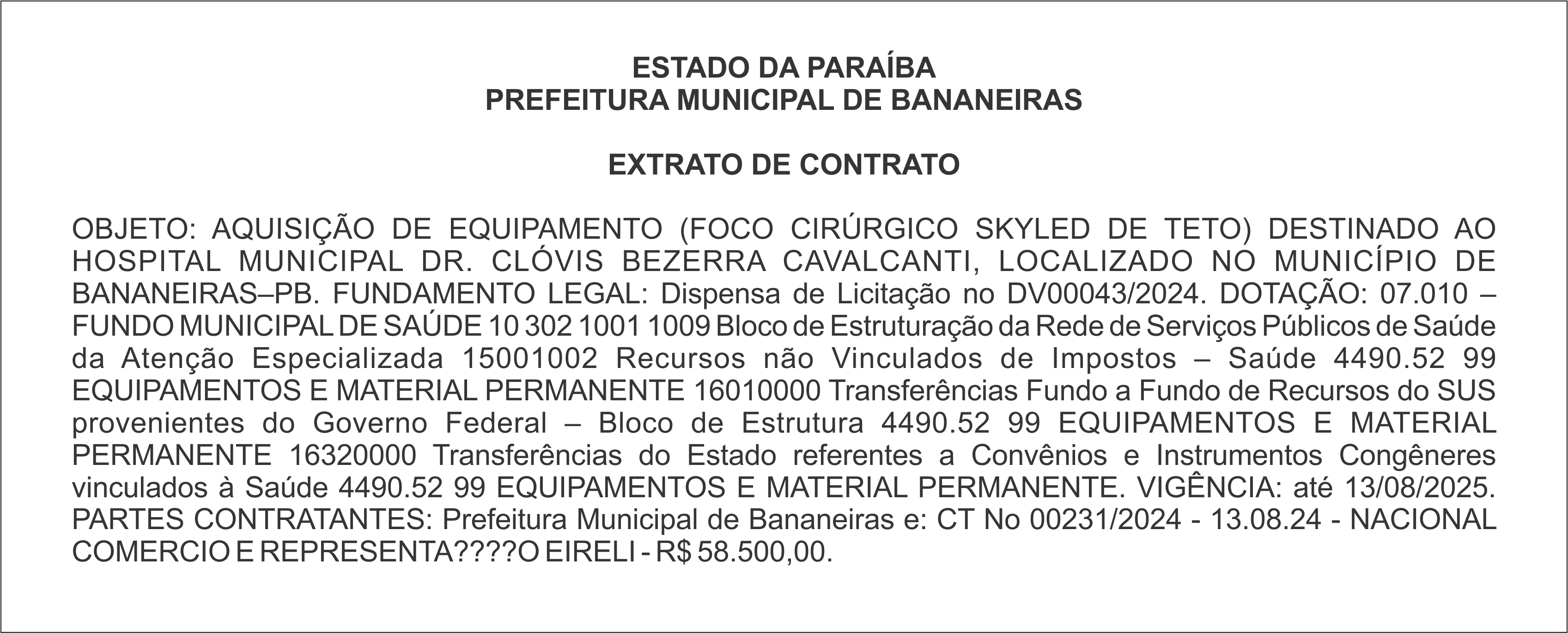PREFEITURA MUNICIPAL DE BANANEIRAS – EXTRATO DE CONTRATO