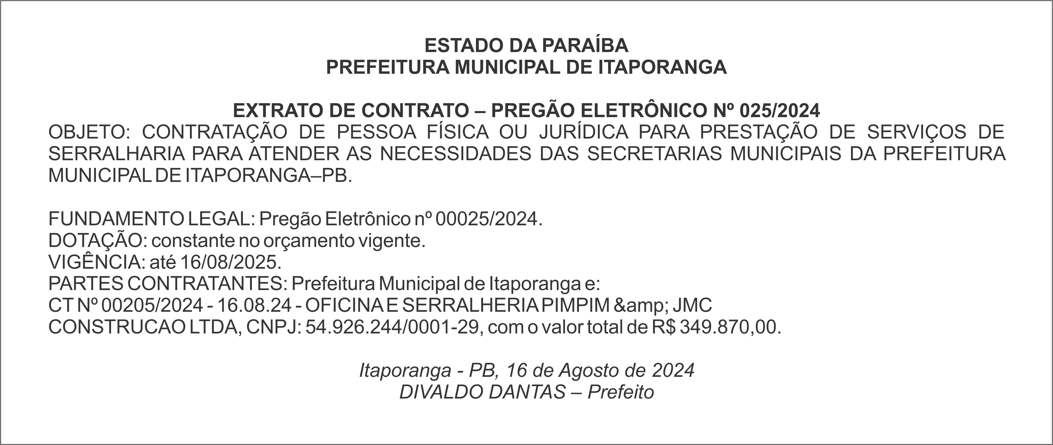 PREFEITURA MUNICIPAL DE ITAPORANGA – EXTRATO DE CONTRATO – PREGÃO ELETRÔNICO Nº 025/2024