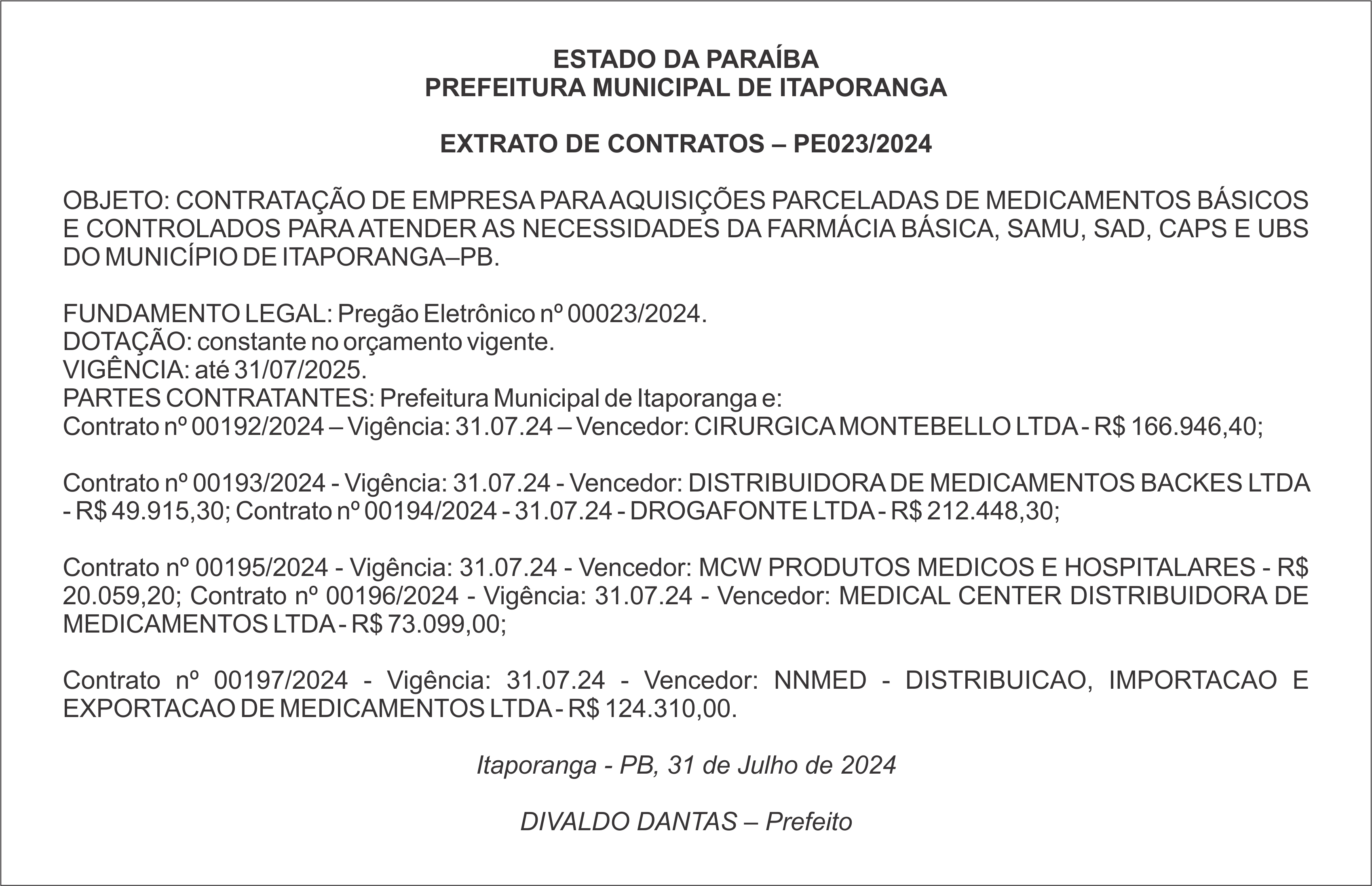 PREFEITURA MUNICIPAL DE ITAPORANGA – EXTRATO DE CONTRATOS – PE023/2024