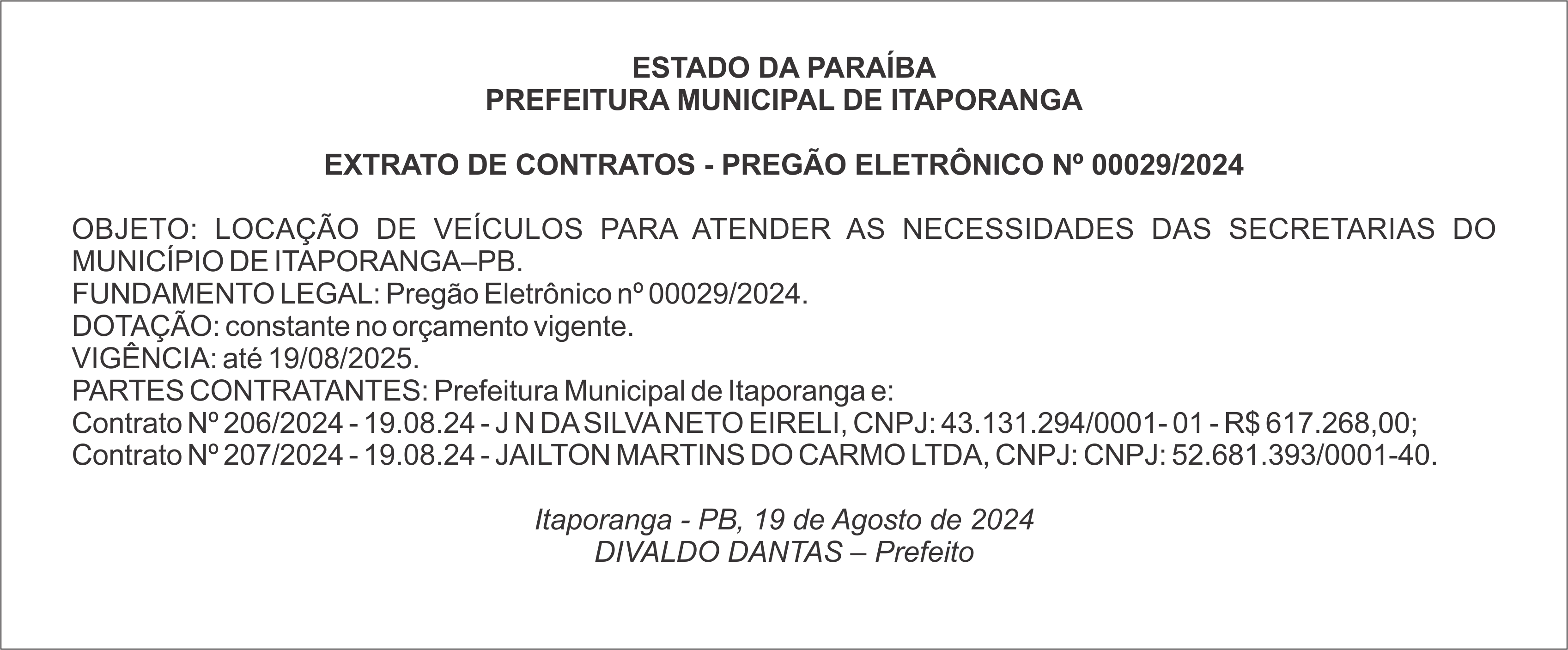 PREFEITURA MUNICIPAL DE ITAPORANGA – EXTRATO DE CONTRATOS – PREGÃO ELETRÔNICO Nº 00029/2024