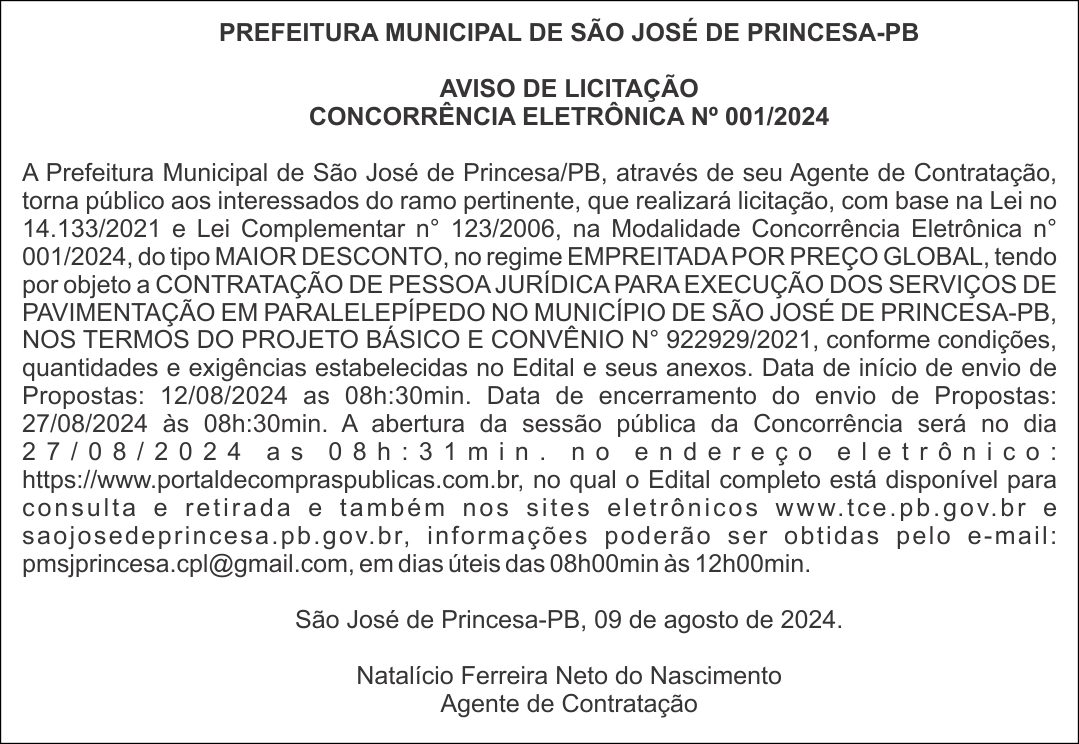 PREFEITURA MUNICIPAL DE SÃO JOSÉ DE PRINCESA-PB – AVISO DE LICITAÇÃO – CONCORRÊNCIA ELETRÔNICA Nº 001/2024
