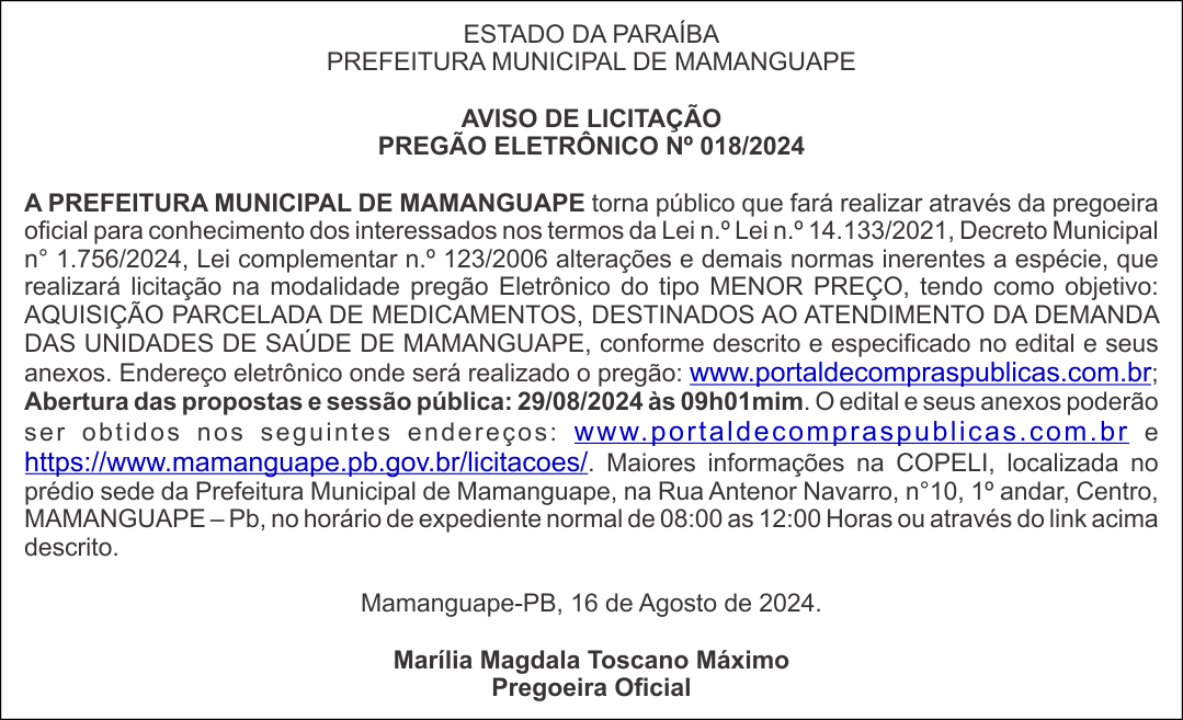 PREFEITURA MUNICIPAL DE MAMANGUAPE – AVISO DE LICITAÇÃO – PREGÃO ELETRÔNICO Nº 018/2024