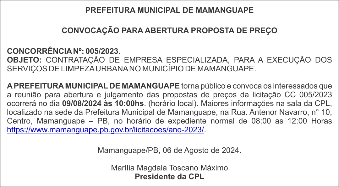 PREFEITURA MUNICIPAL DE MAMANGUAPE – CONVOCAÇÃO PARA ABERTURA PROPOSTA DE PREÇO