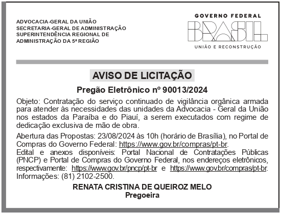 AGU – PE – SAD – RECIFE – Aviso de Licitação (PREGÃO ELETRÔNICO No 90013/2024)