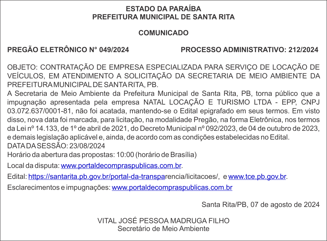 PREFEITURA MUNICIPAL DE SANTA RITA – COMUNICADO – PREGÃO ELETRÔNICO N° 049/2024